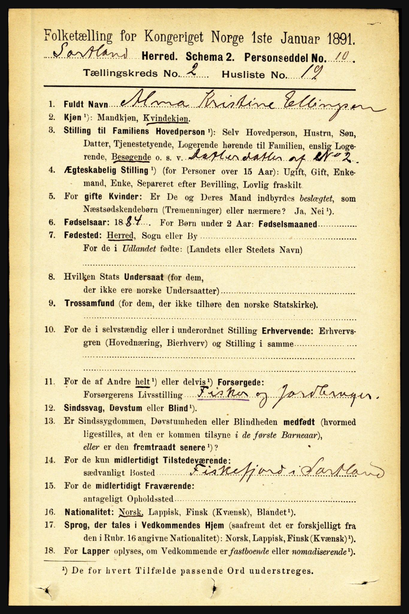 RA, 1891 census for 1870 Sortland, 1891, p. 1109