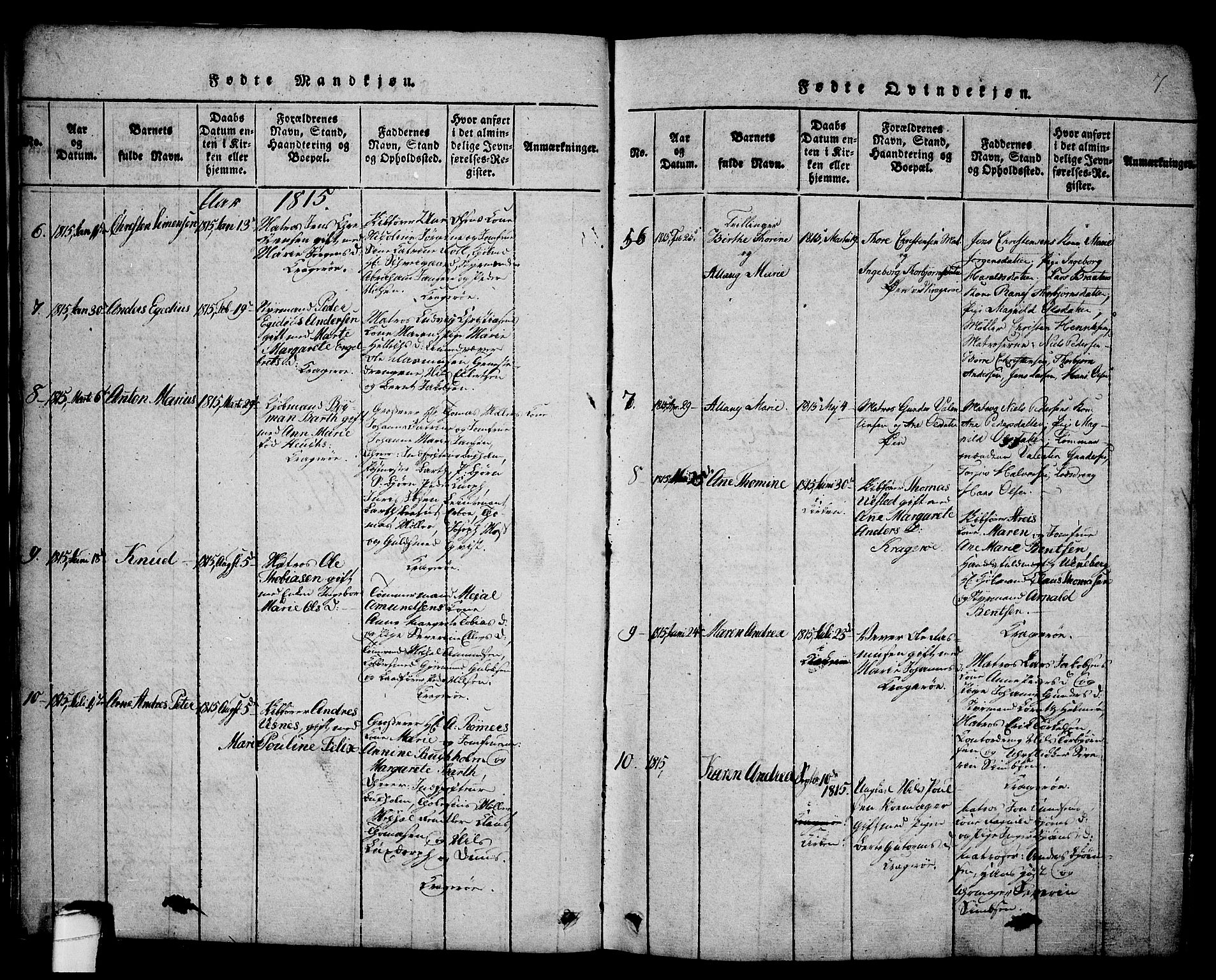 Kragerø kirkebøker, AV/SAKO-A-278/G/Ga/L0002: Parish register (copy) no. 2, 1814-1831, p. 7