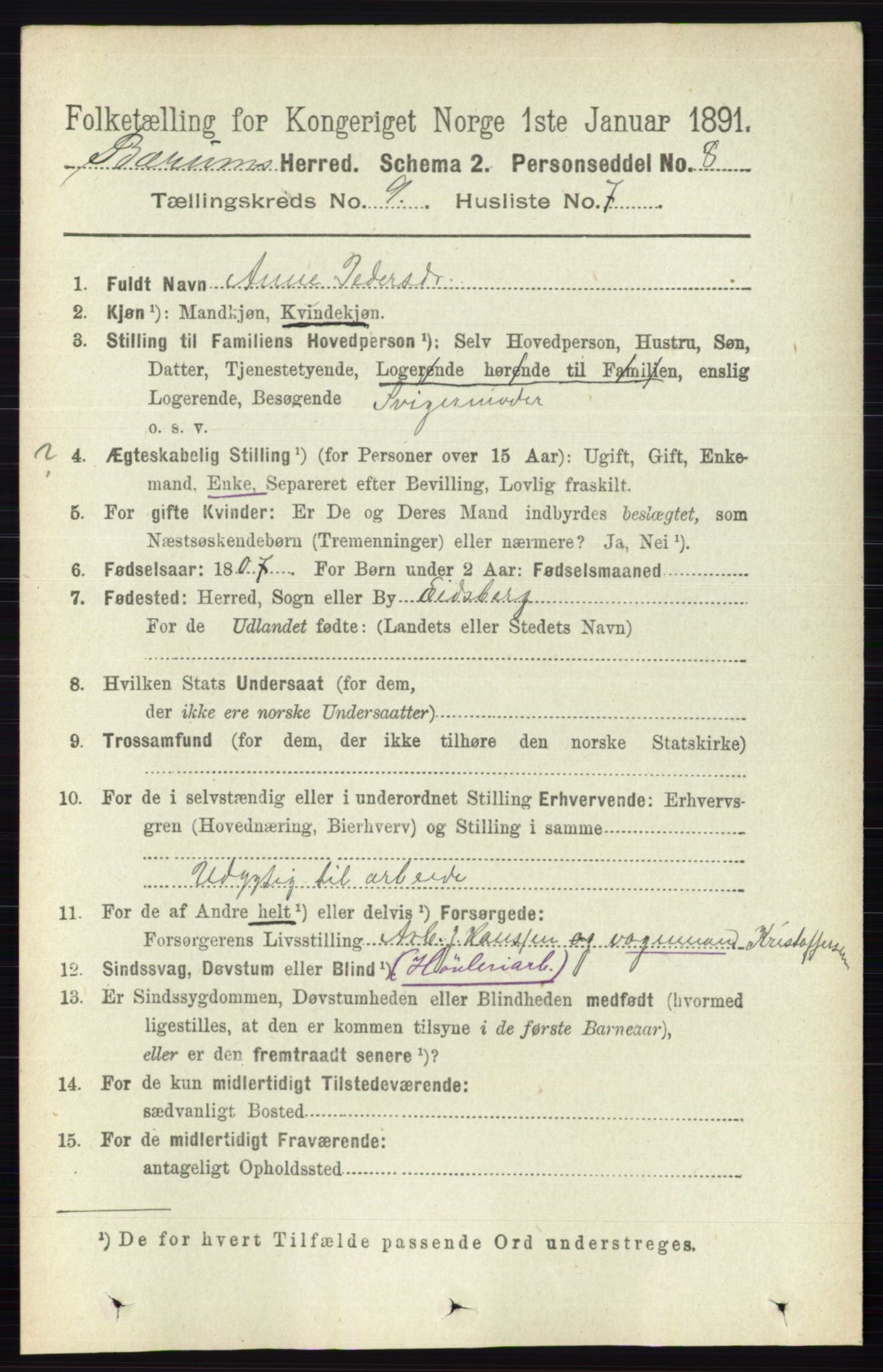 RA, 1891 census for 0219 Bærum, 1891, p. 5198