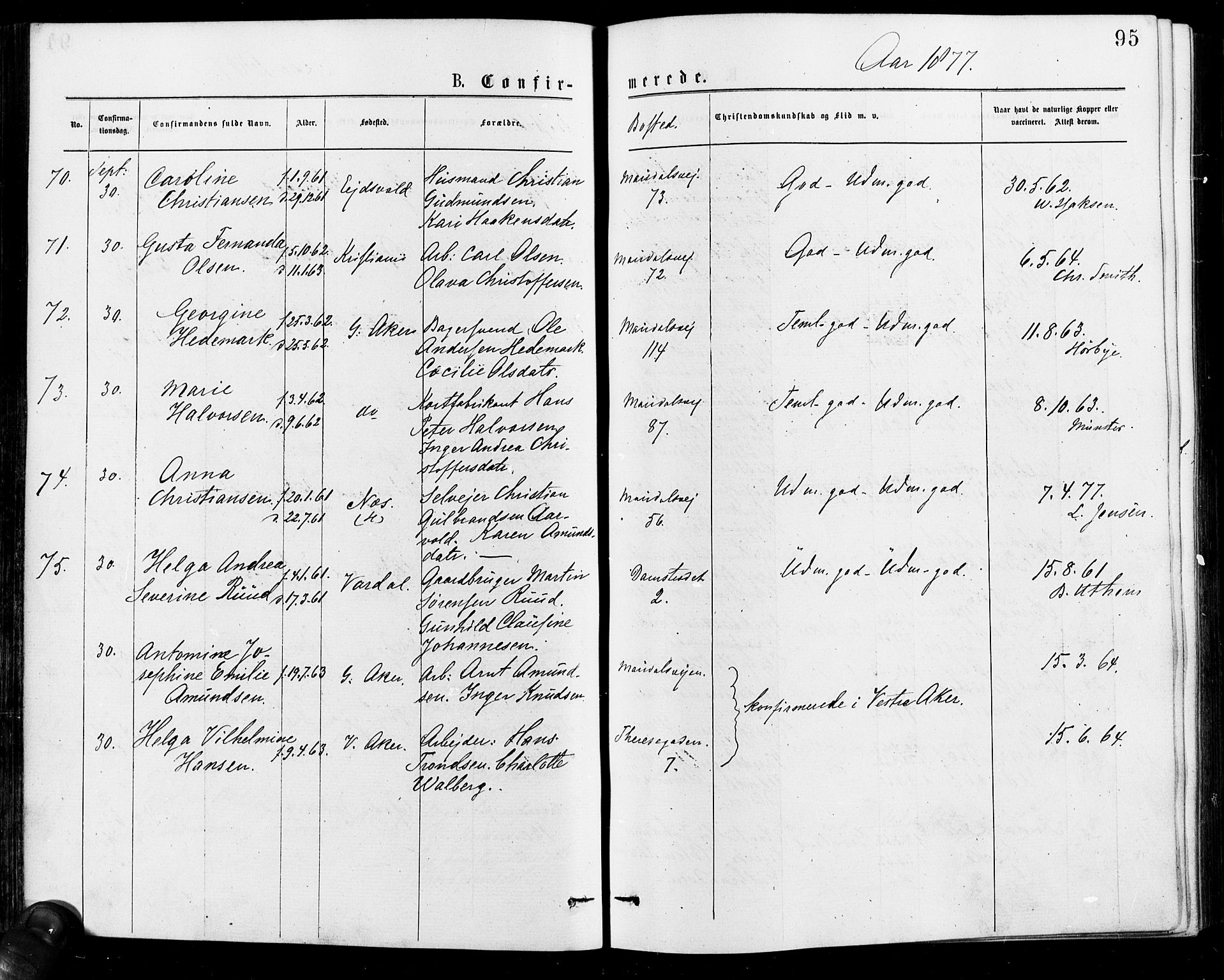 Gamle Aker prestekontor Kirkebøker, AV/SAO-A-10617a/F/L0005: Parish register (official) no. 5, 1873-1881, p. 95