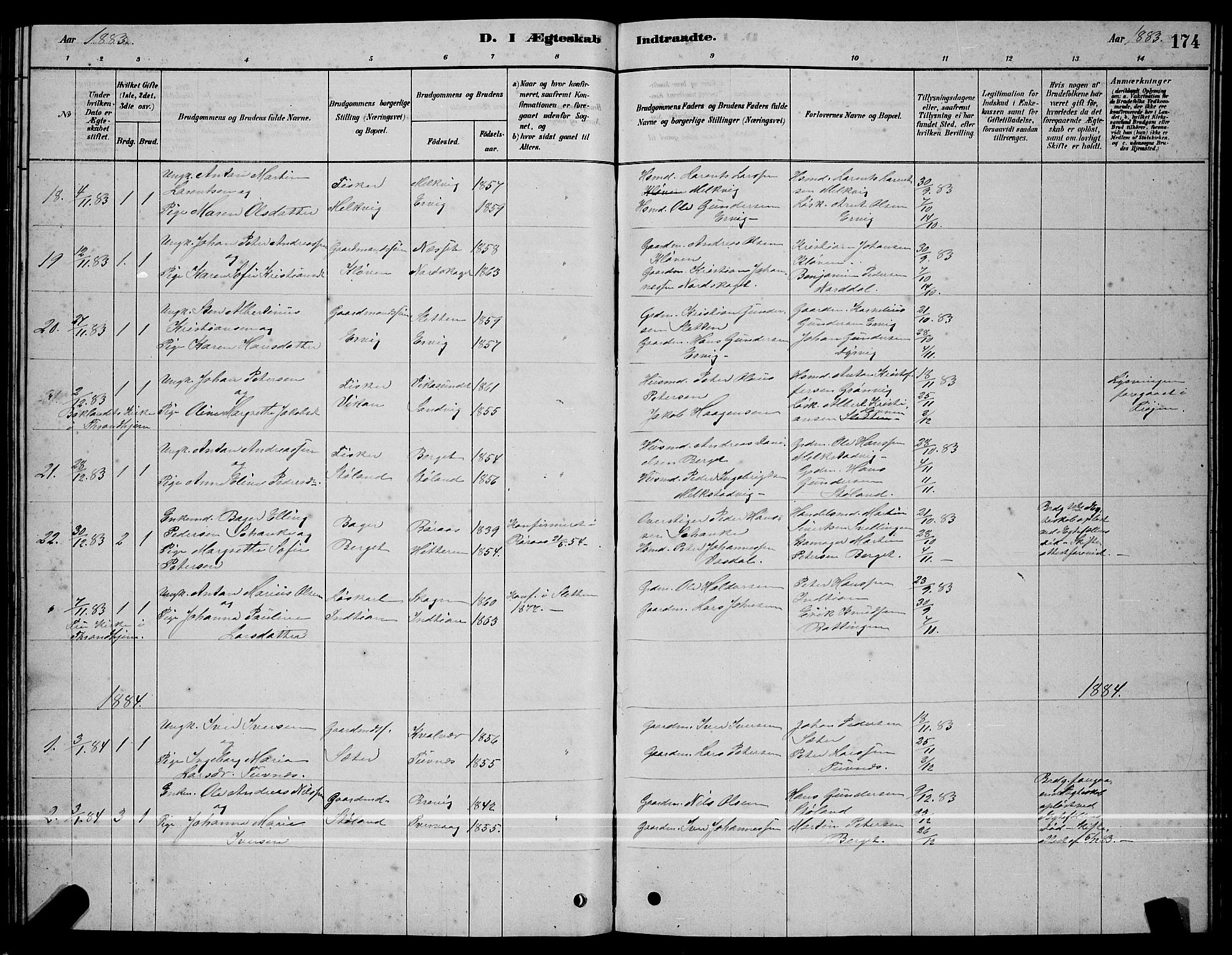 Ministerialprotokoller, klokkerbøker og fødselsregistre - Sør-Trøndelag, AV/SAT-A-1456/640/L0585: Parish register (copy) no. 640C03, 1878-1891, p. 174