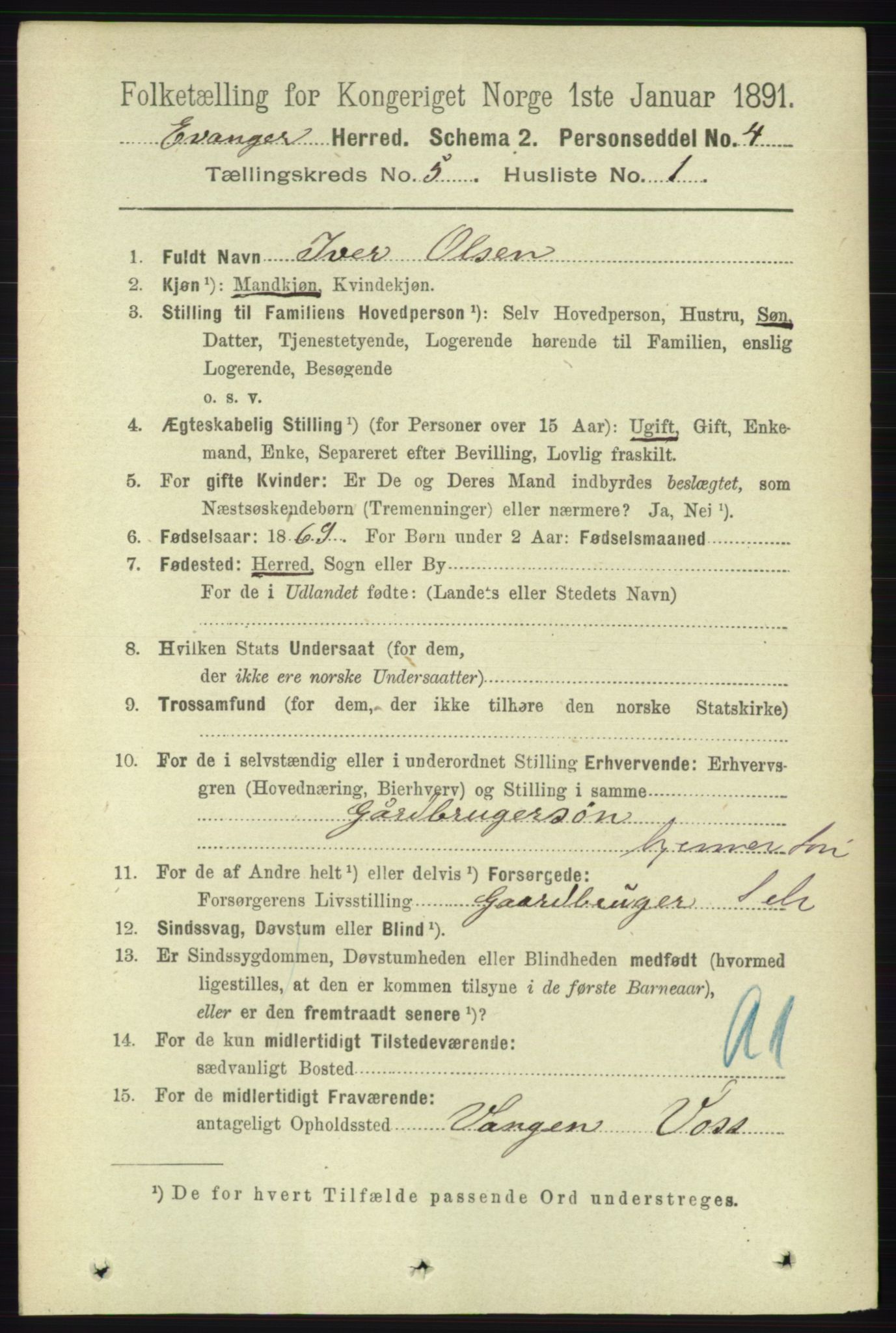 RA, 1891 census for 1237 Evanger, 1891, p. 1392