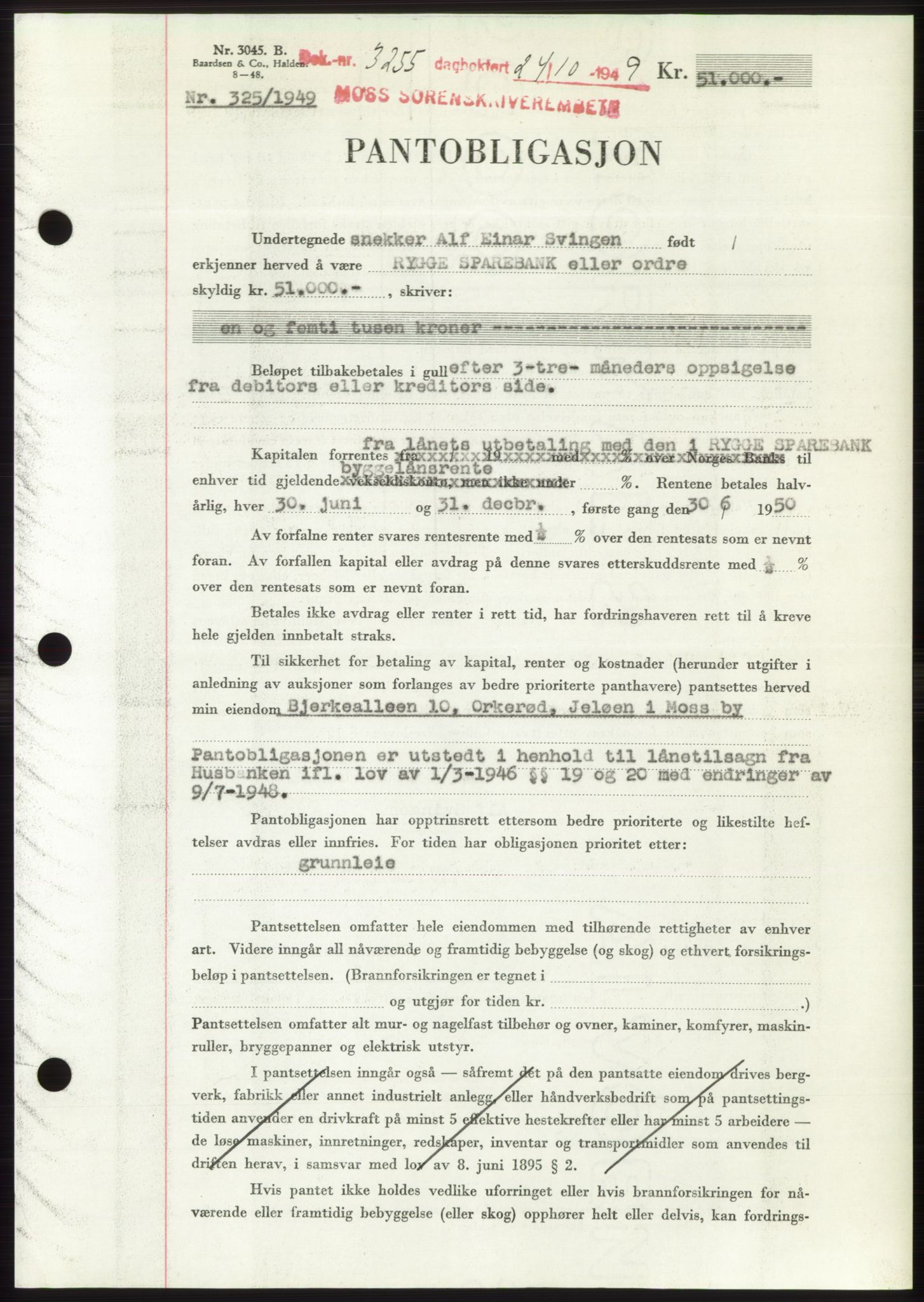 Moss sorenskriveri, SAO/A-10168: Mortgage book no. B23, 1949-1950, Diary no: : 3255/1949