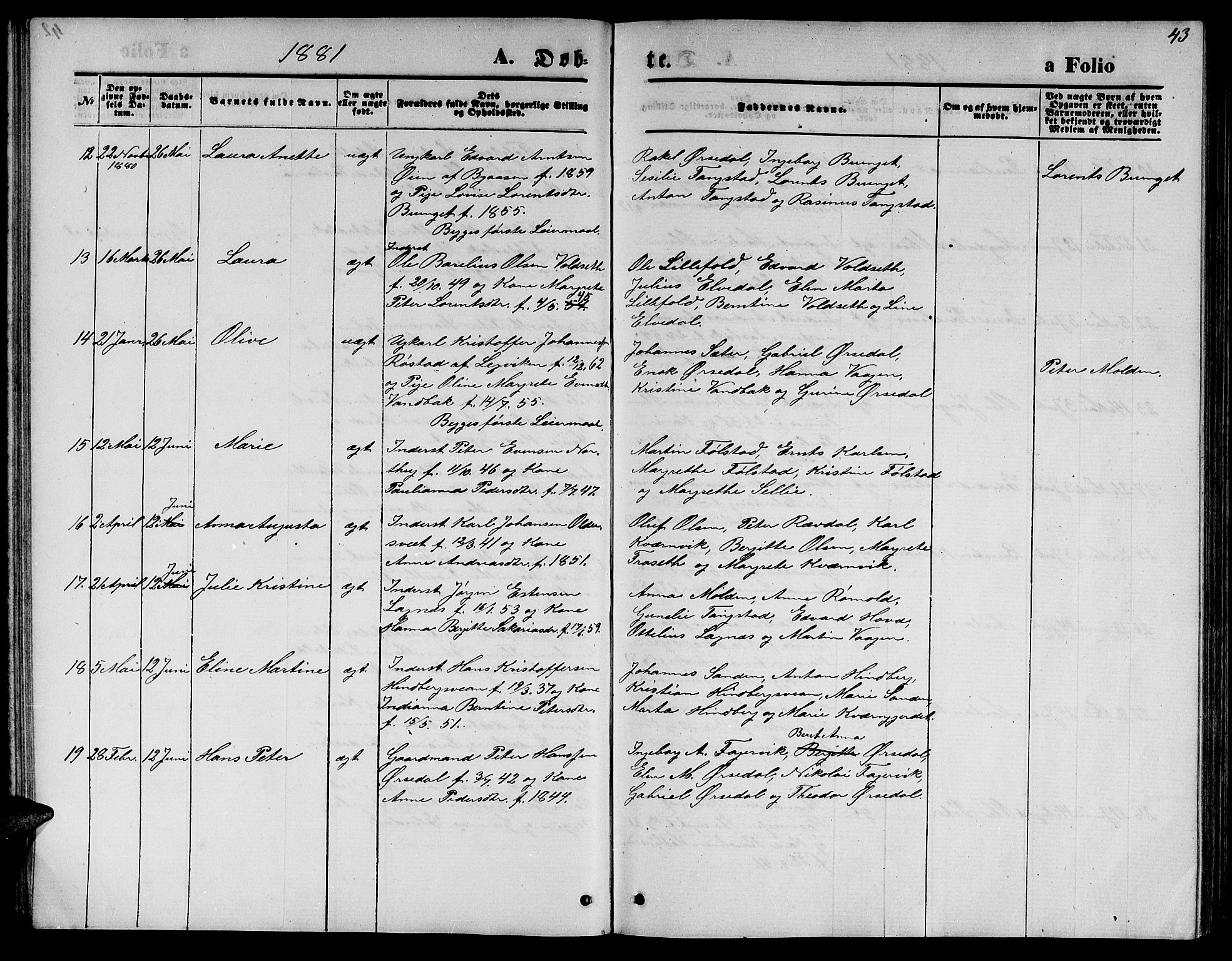 Ministerialprotokoller, klokkerbøker og fødselsregistre - Nord-Trøndelag, AV/SAT-A-1458/744/L0422: Parish register (copy) no. 744C01, 1871-1885, p. 43