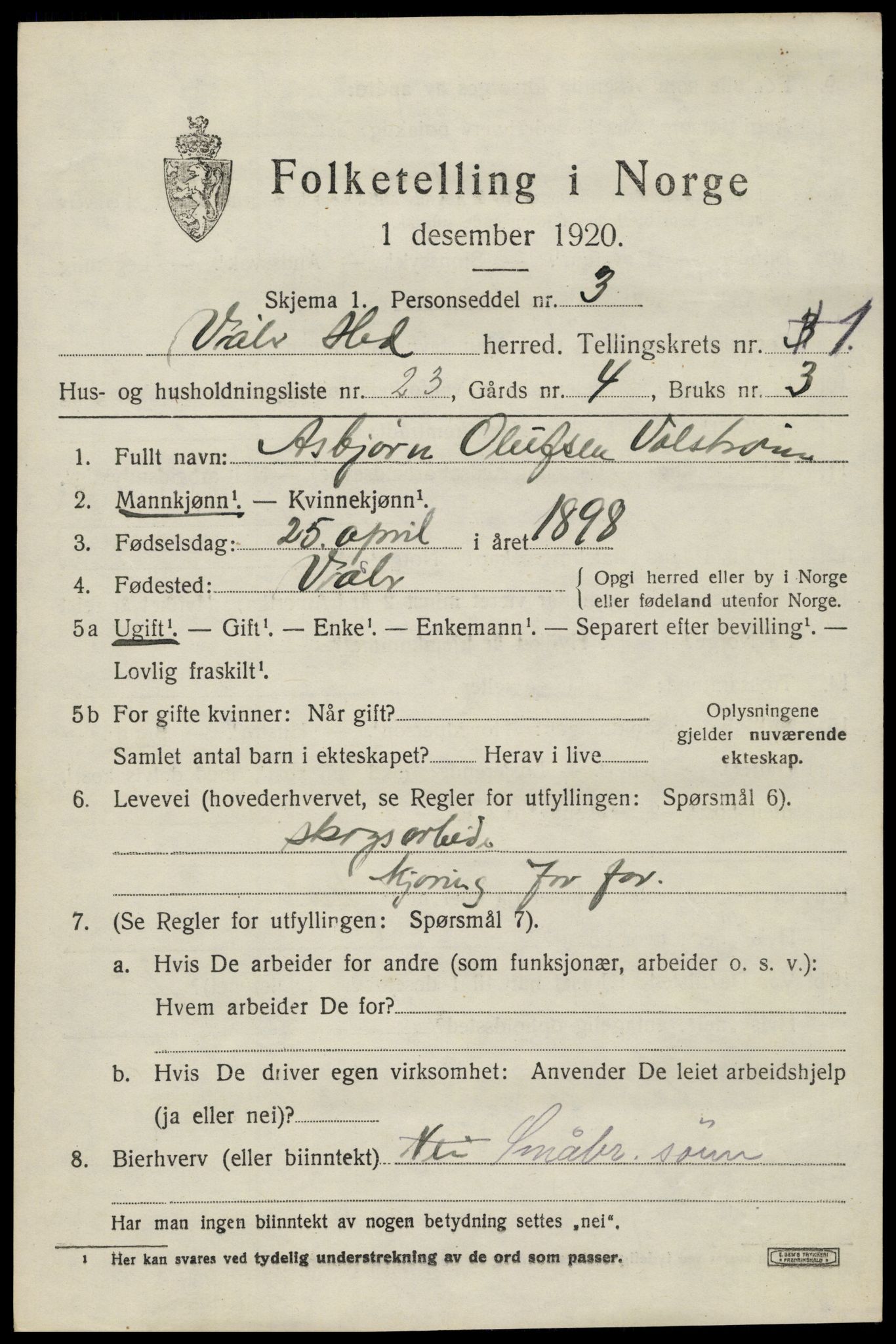 SAH, 1920 census for Våler (Hedmark), 1920, p. 1861