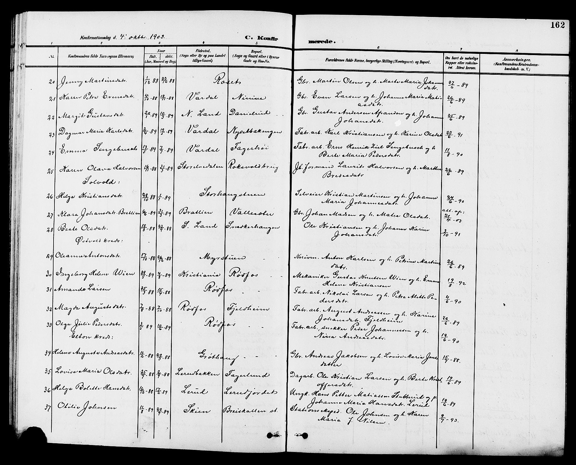 Vestre Toten prestekontor, SAH/PREST-108/H/Ha/Hab/L0010: Parish register (copy) no. 10, 1900-1912, p. 162