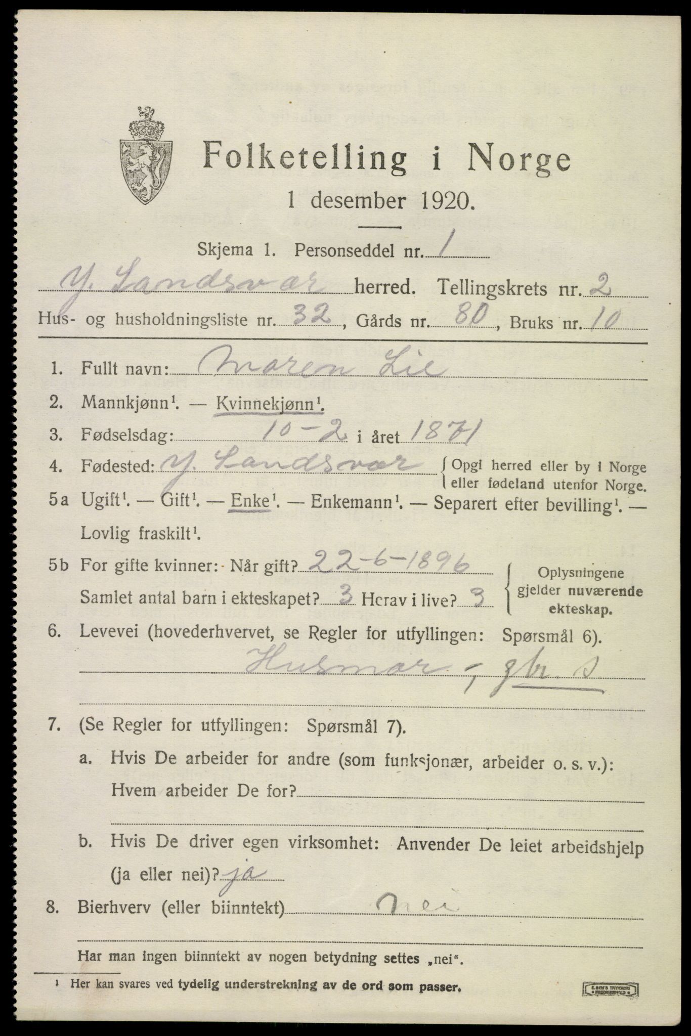 SAKO, 1920 census for Ytre Sandsvær, 1920, p. 2998