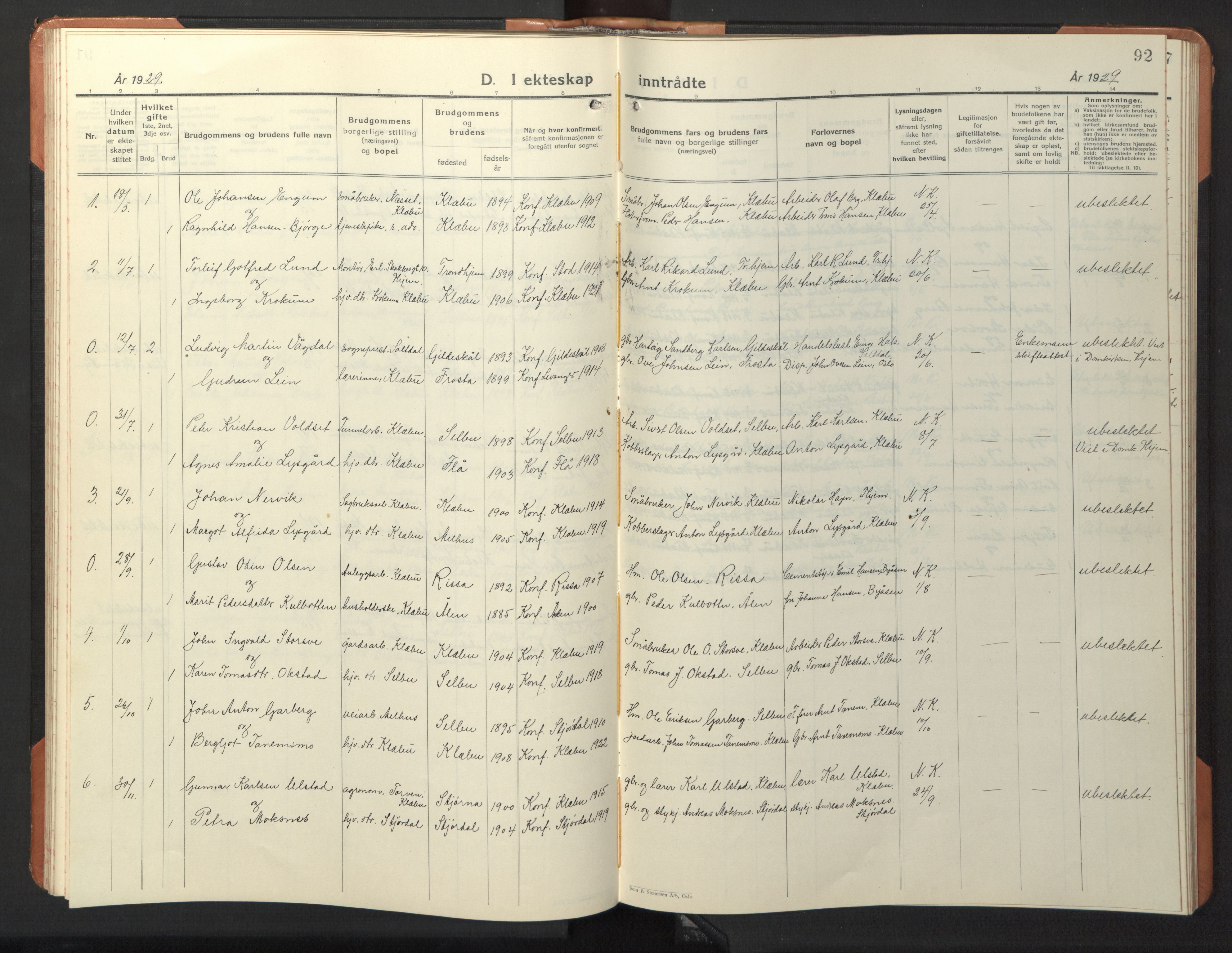 Ministerialprotokoller, klokkerbøker og fødselsregistre - Sør-Trøndelag, SAT/A-1456/618/L0454: Parish register (copy) no. 618C05, 1926-1946, p. 92