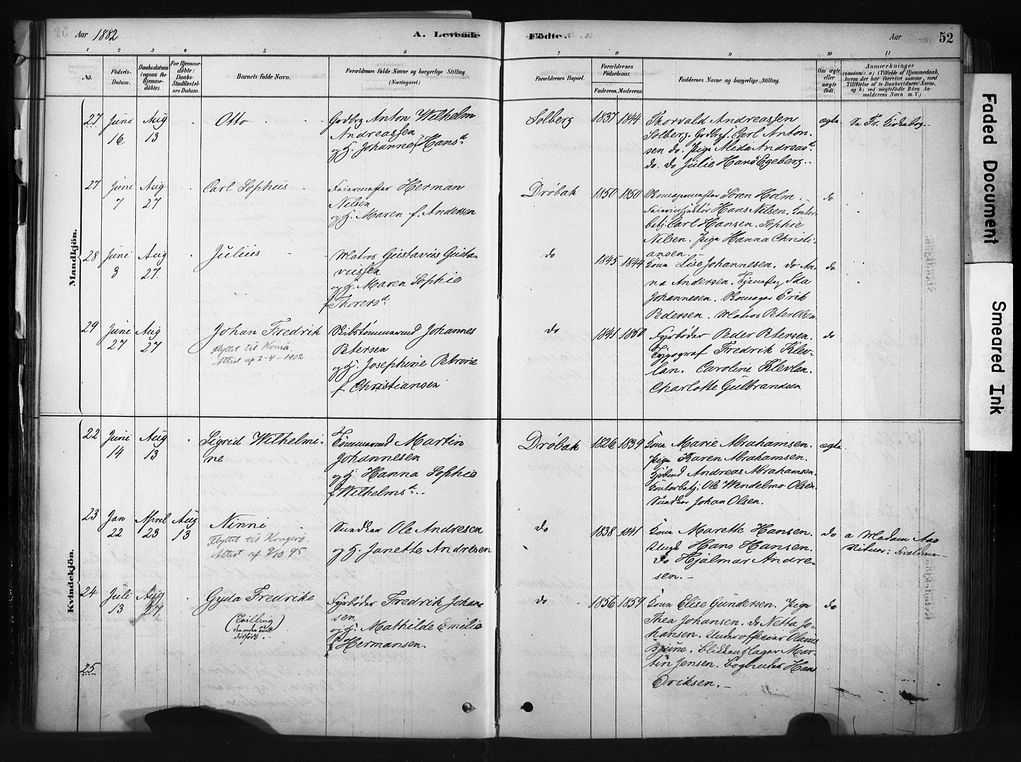 Drøbak prestekontor Kirkebøker, AV/SAO-A-10142a/F/Fb/L0001: Parish register (official) no. II 1, 1878-1891, p. 52