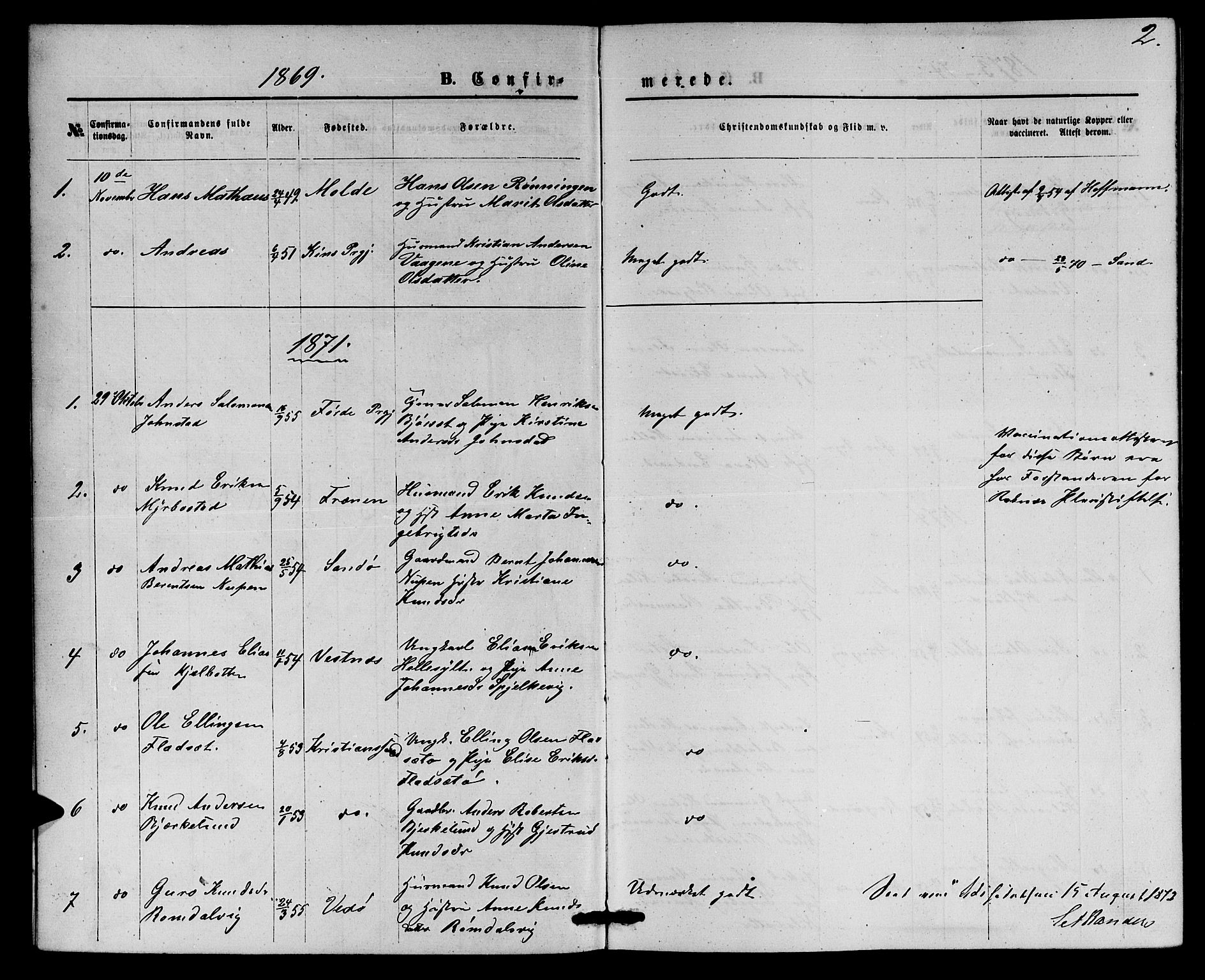 Ministerialprotokoller, klokkerbøker og fødselsregistre - Møre og Romsdal, SAT/A-1454/559/L0715: Parish register (copy) no. 559C01, 1869-1886, p. 2