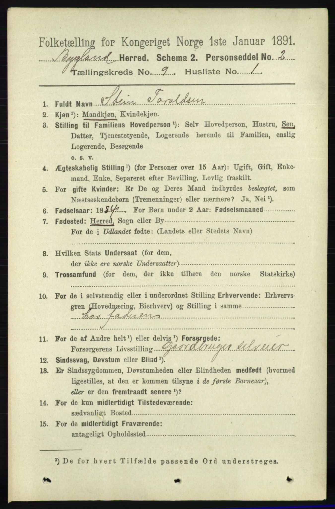 RA, 1891 census for 0938 Bygland, 1891, p. 2253