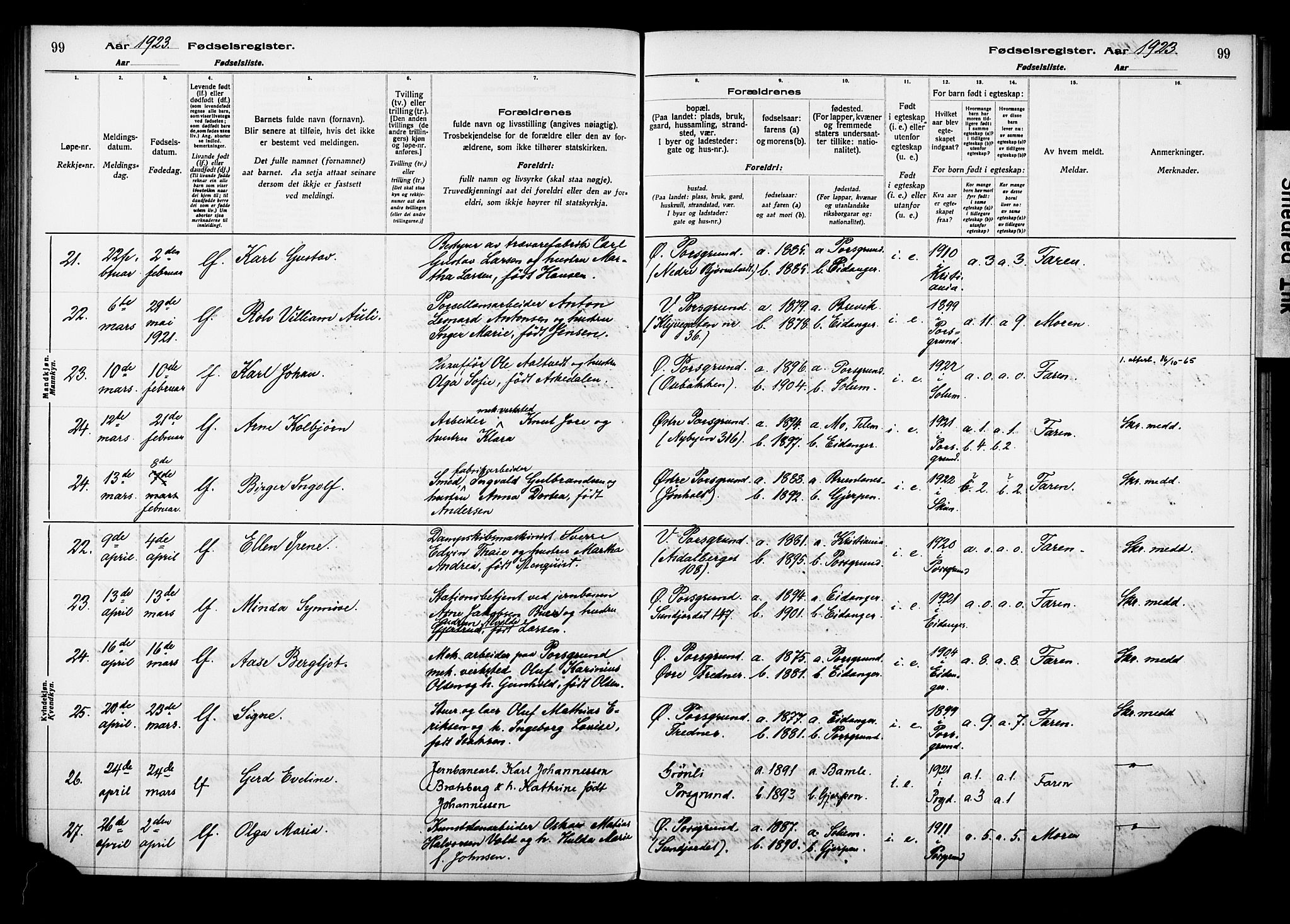 Porsgrunn kirkebøker , AV/SAKO-A-104/J/Ja/L0001: Birth register no. 1, 1916-1929, p. 99