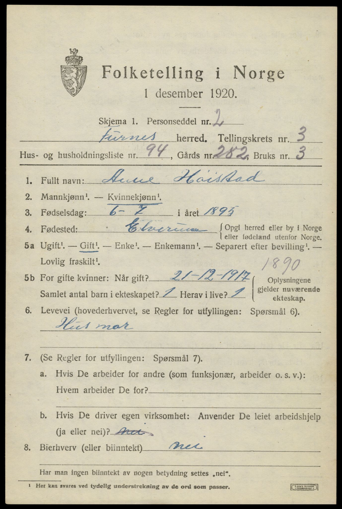 SAH, 1920 census for Furnes, 1920, p. 5719