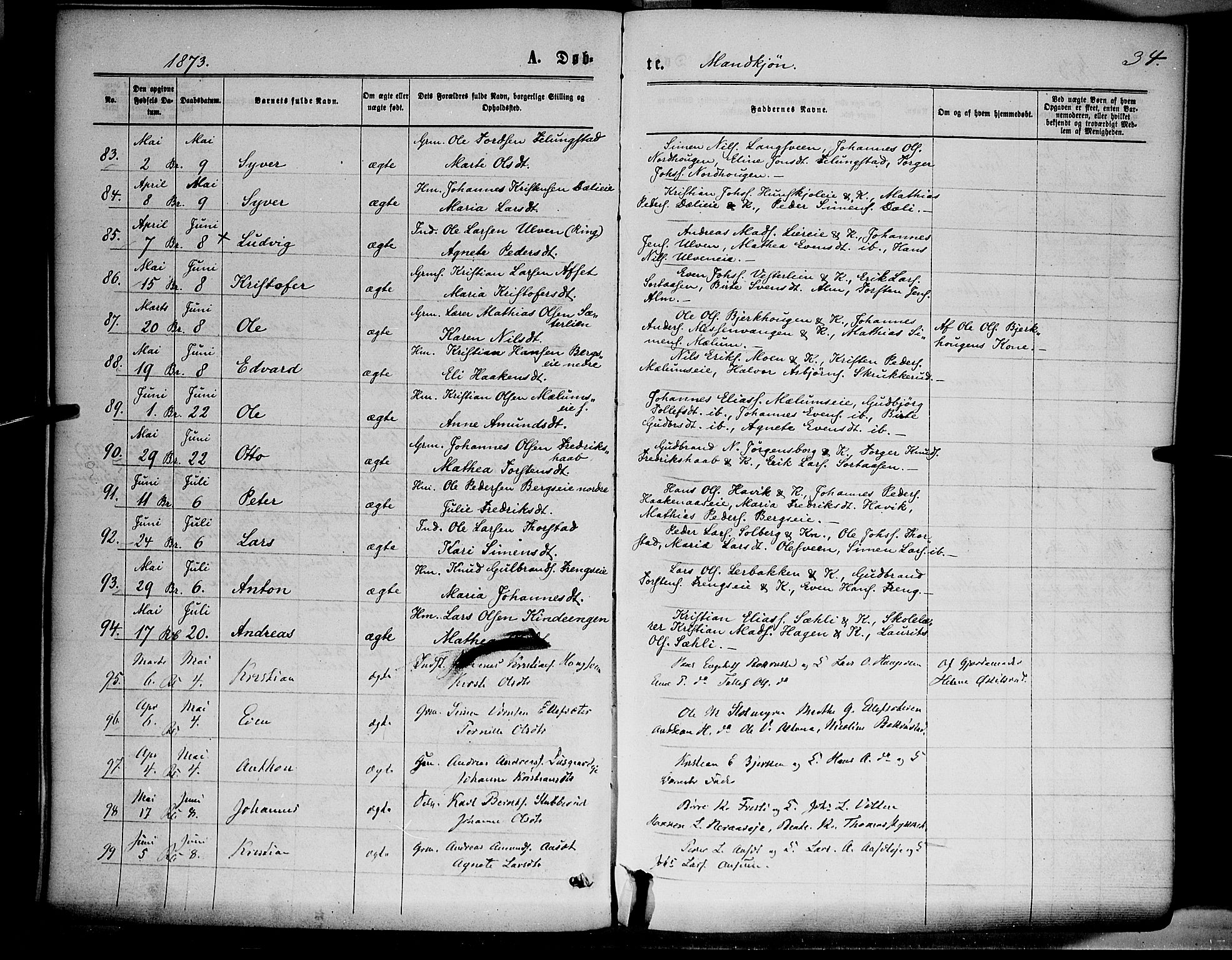 Ringsaker prestekontor, AV/SAH-PREST-014/K/Ka/L0011: Parish register (official) no. 11, 1870-1878, p. 34