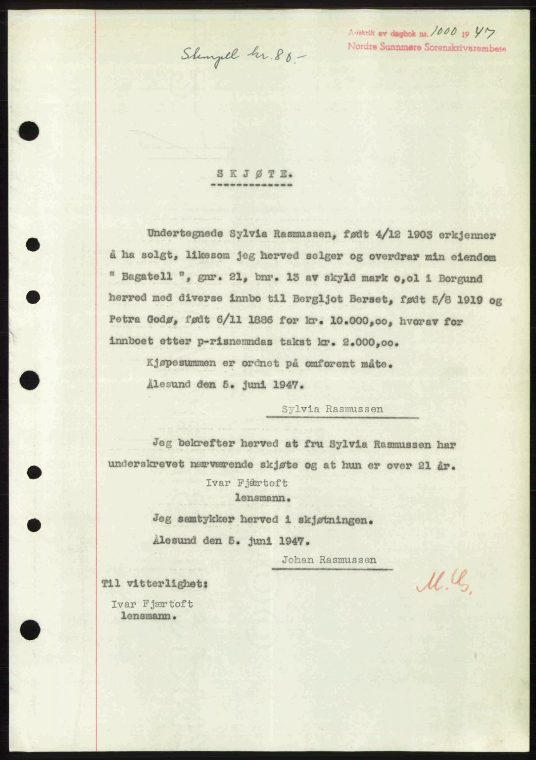 Nordre Sunnmøre sorenskriveri, AV/SAT-A-0006/1/2/2C/2Ca: Mortgage book no. A24, 1947-1947, Diary no: : 1000/1947