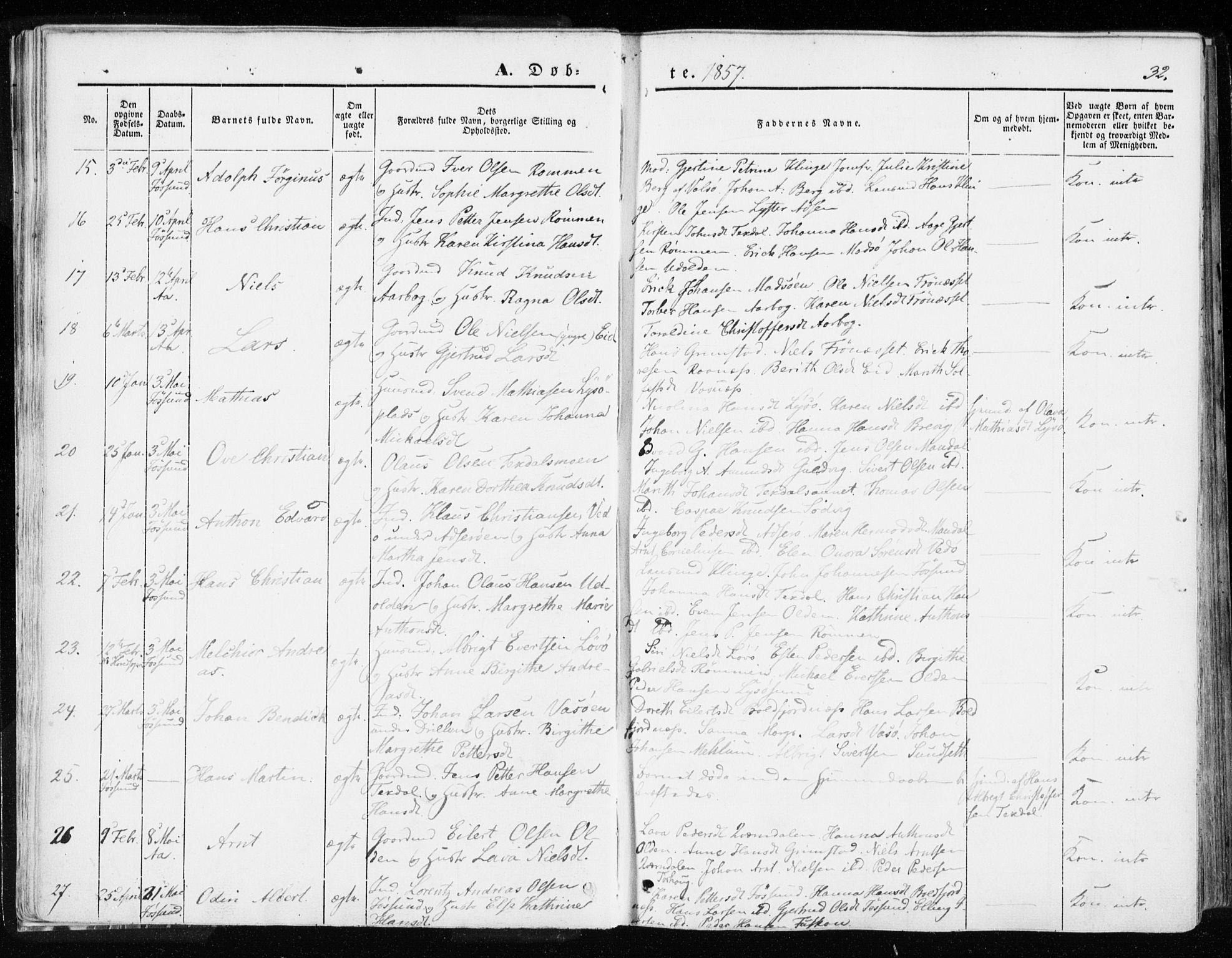Ministerialprotokoller, klokkerbøker og fødselsregistre - Sør-Trøndelag, SAT/A-1456/655/L0677: Parish register (official) no. 655A06, 1847-1860, p. 32