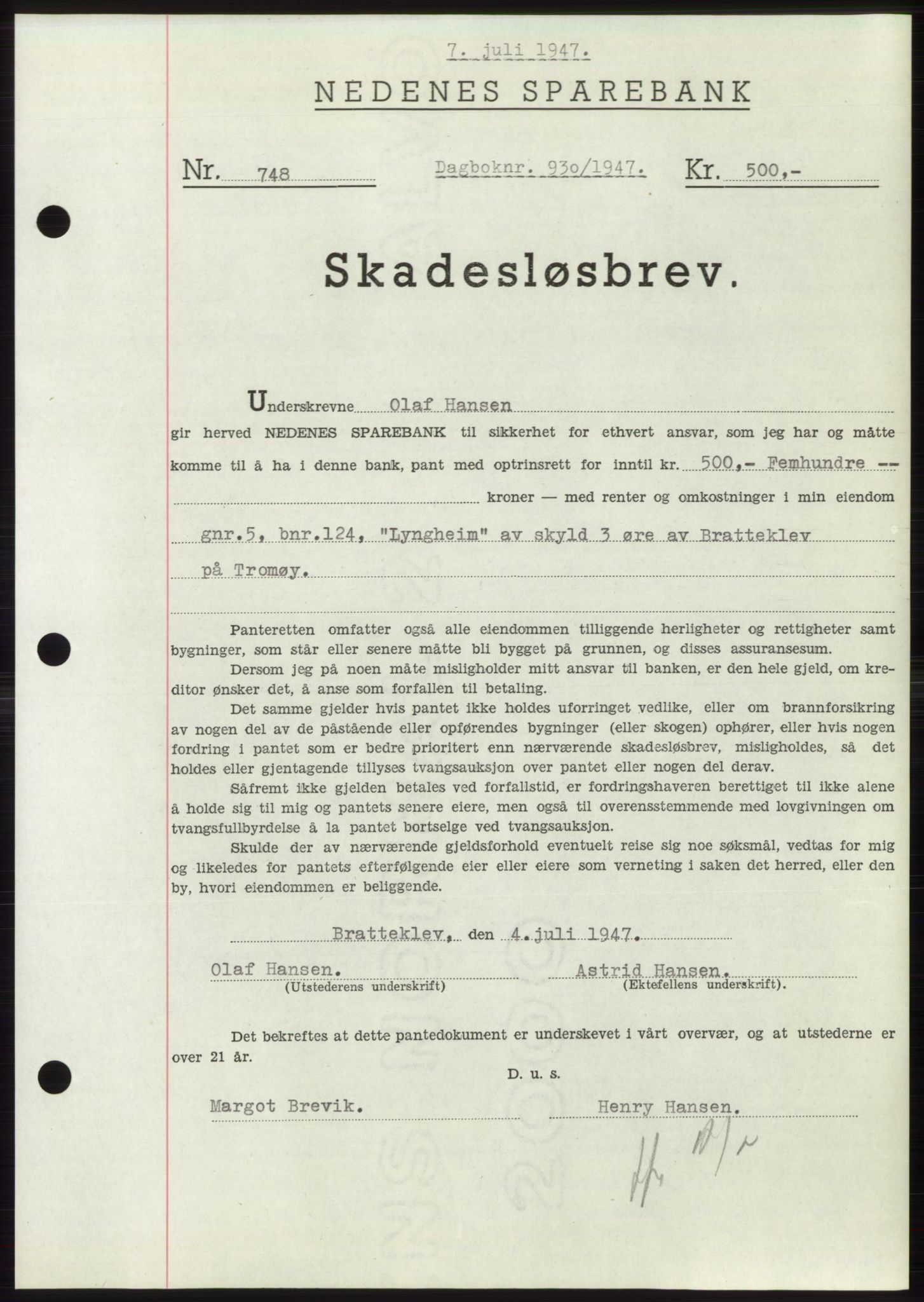 Nedenes sorenskriveri, AV/SAK-1221-0006/G/Gb/Gbb/L0004: Mortgage book no. B4, 1947-1947, Diary no: : 930/1947