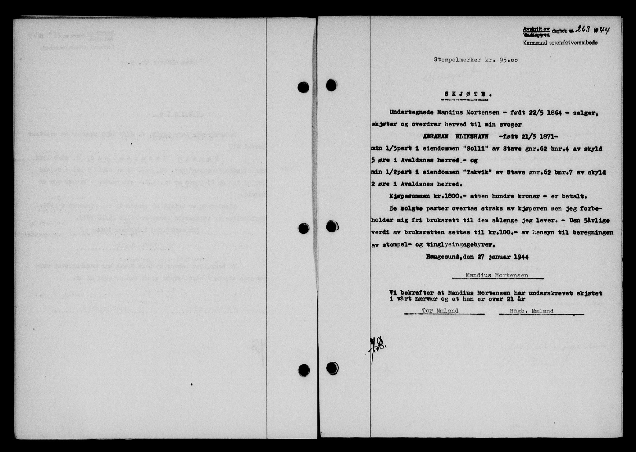 Karmsund sorenskriveri, SAST/A-100311/01/II/IIB/L0081: Mortgage book no. 62A, 1943-1944, Diary no: : 263/1944