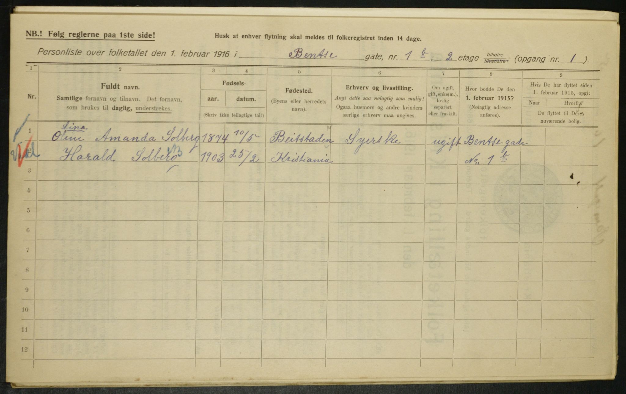 OBA, Municipal Census 1916 for Kristiania, 1916, p. 3587