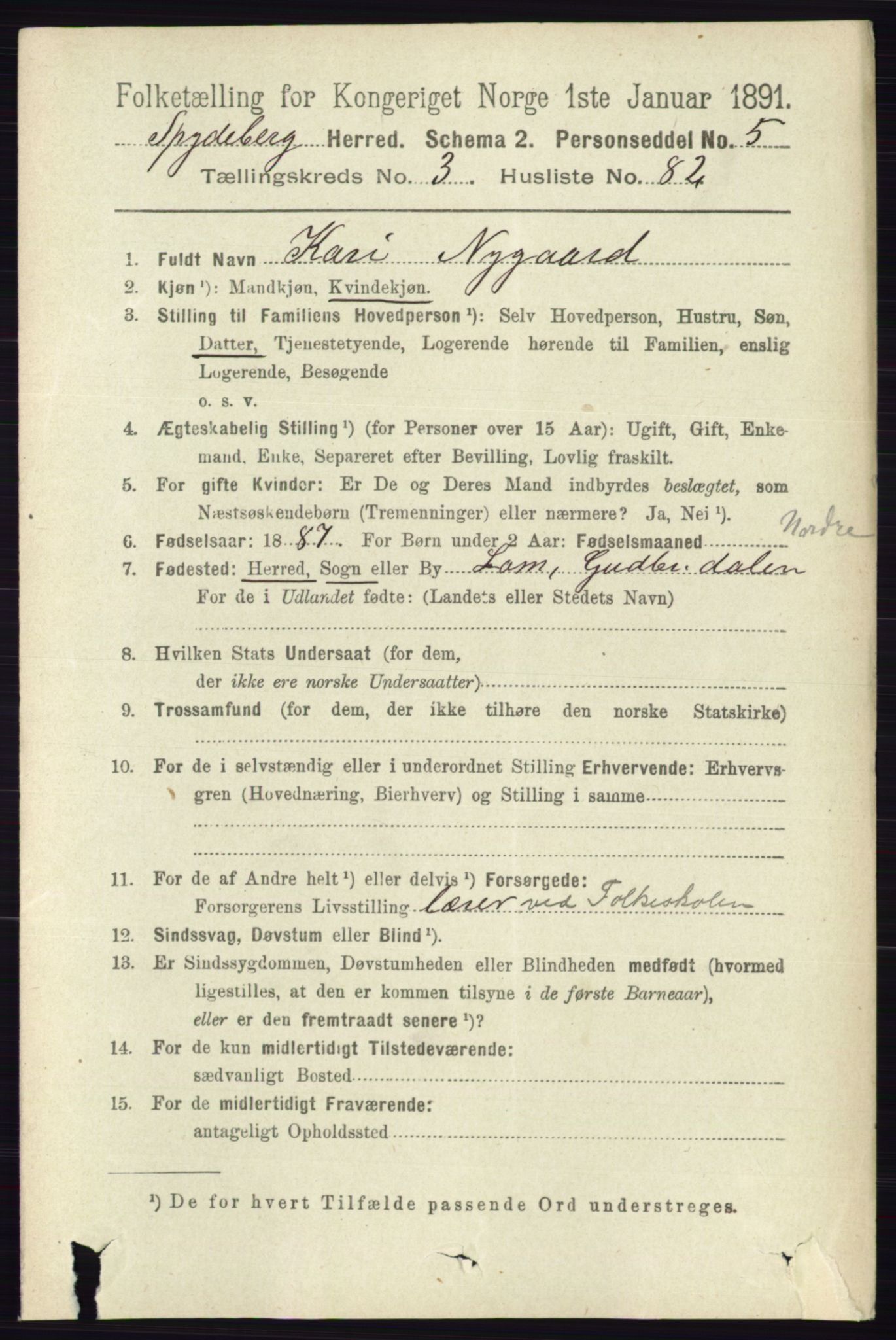 RA, 1891 census for 0123 Spydeberg, 1891, p. 1848