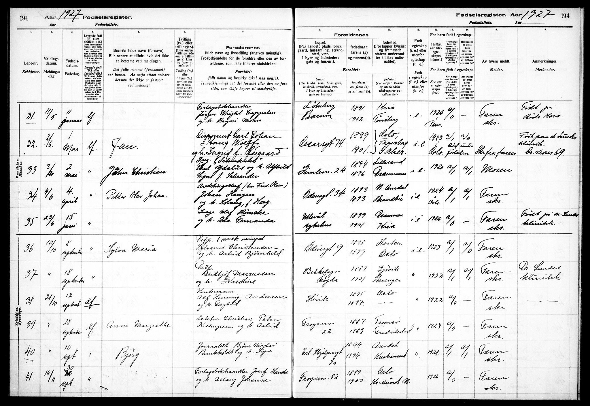 Frogner prestekontor Kirkebøker, AV/SAO-A-10886/J/Ja/L0001: Birth register no. 1, 1916-1927, p. 194