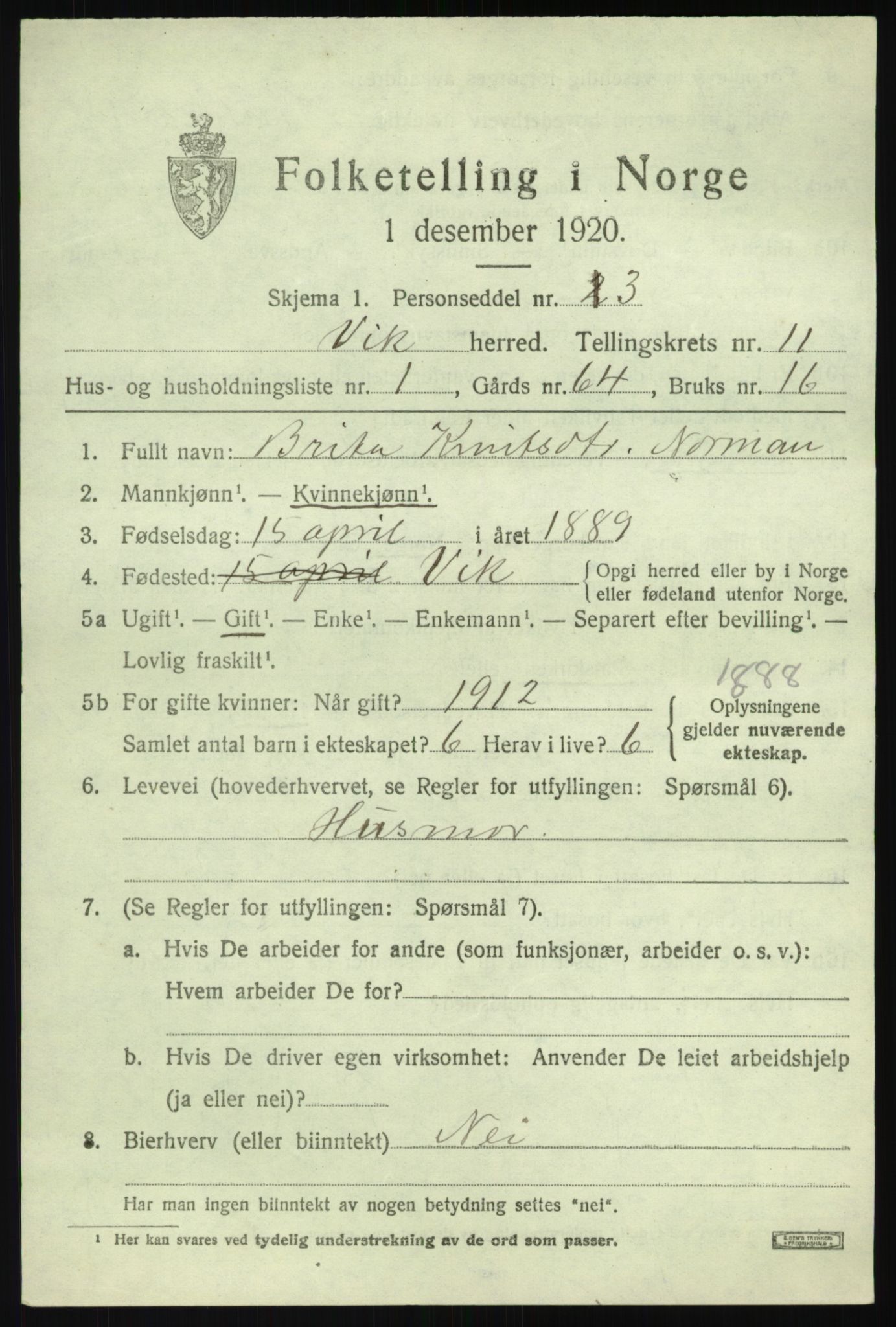 SAB, 1920 census for Vik, 1920, p. 6323