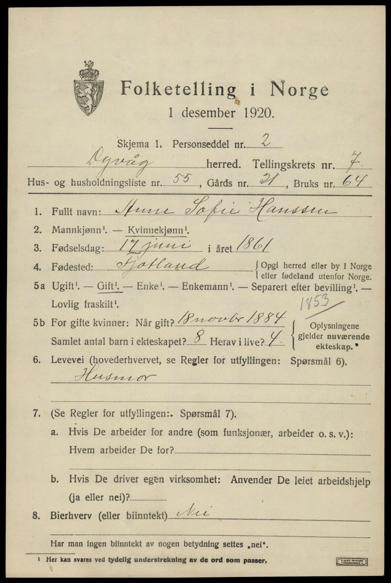 SAK, 1920 census for Dypvåg, 1920, p. 6209