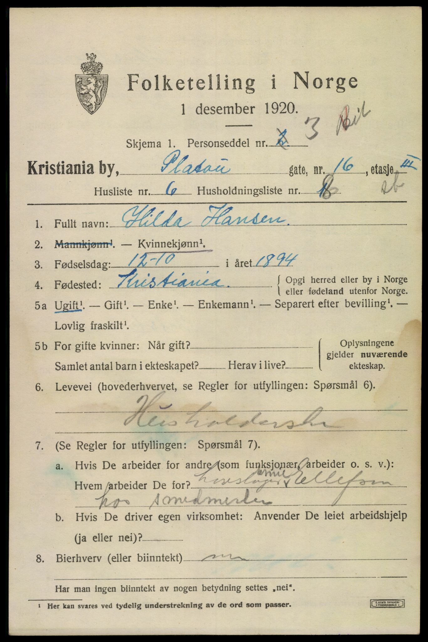 SAO, 1920 census for Kristiania, 1920, p. 455075