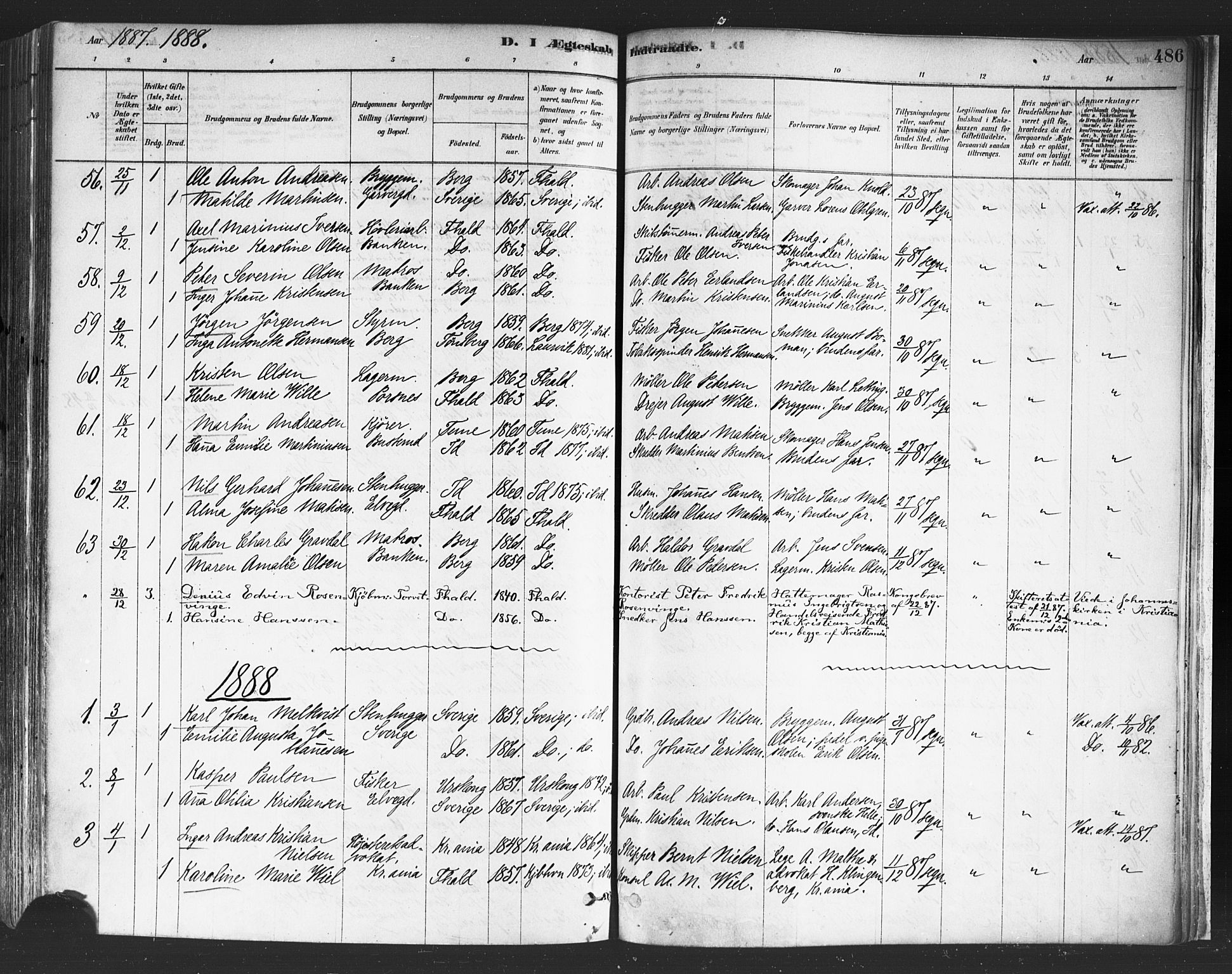 Halden prestekontor Kirkebøker, SAO/A-10909/F/Fa/L0011: Parish register (official) no. I 11, 1878-1889, p. 486