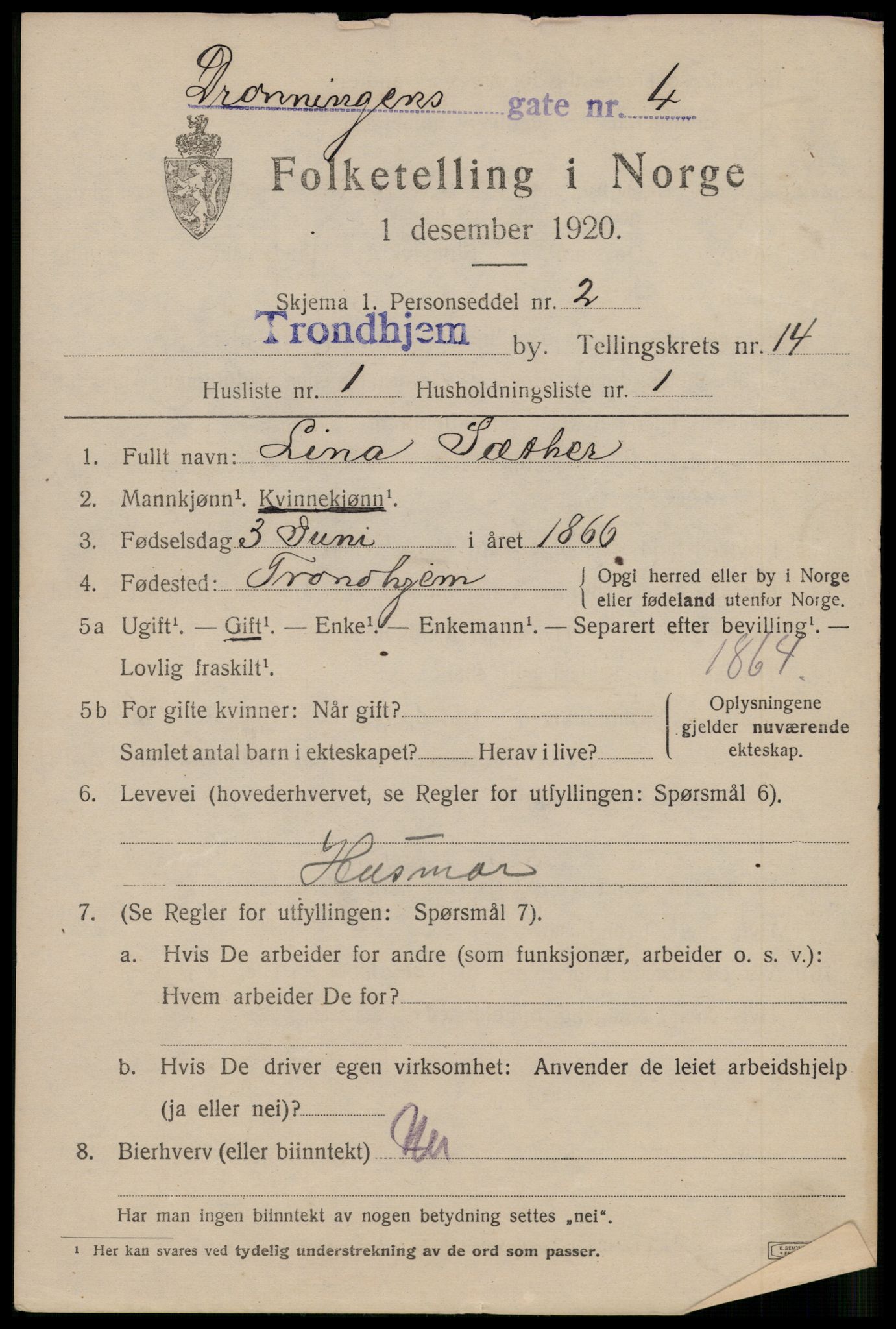 SAT, 1920 census for Trondheim, 1920, p. 51092