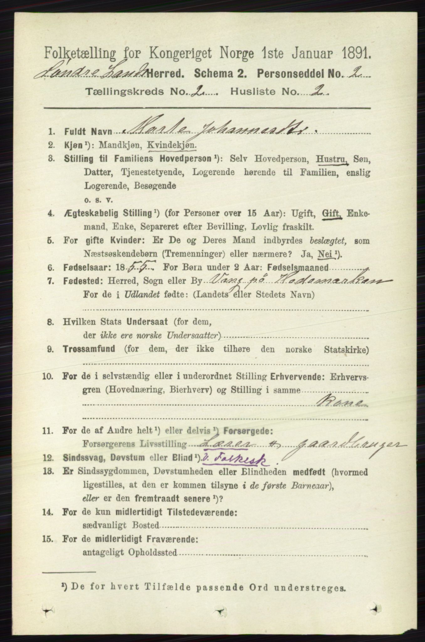 RA, 1891 census for 0536 Søndre Land, 1891, p. 1037