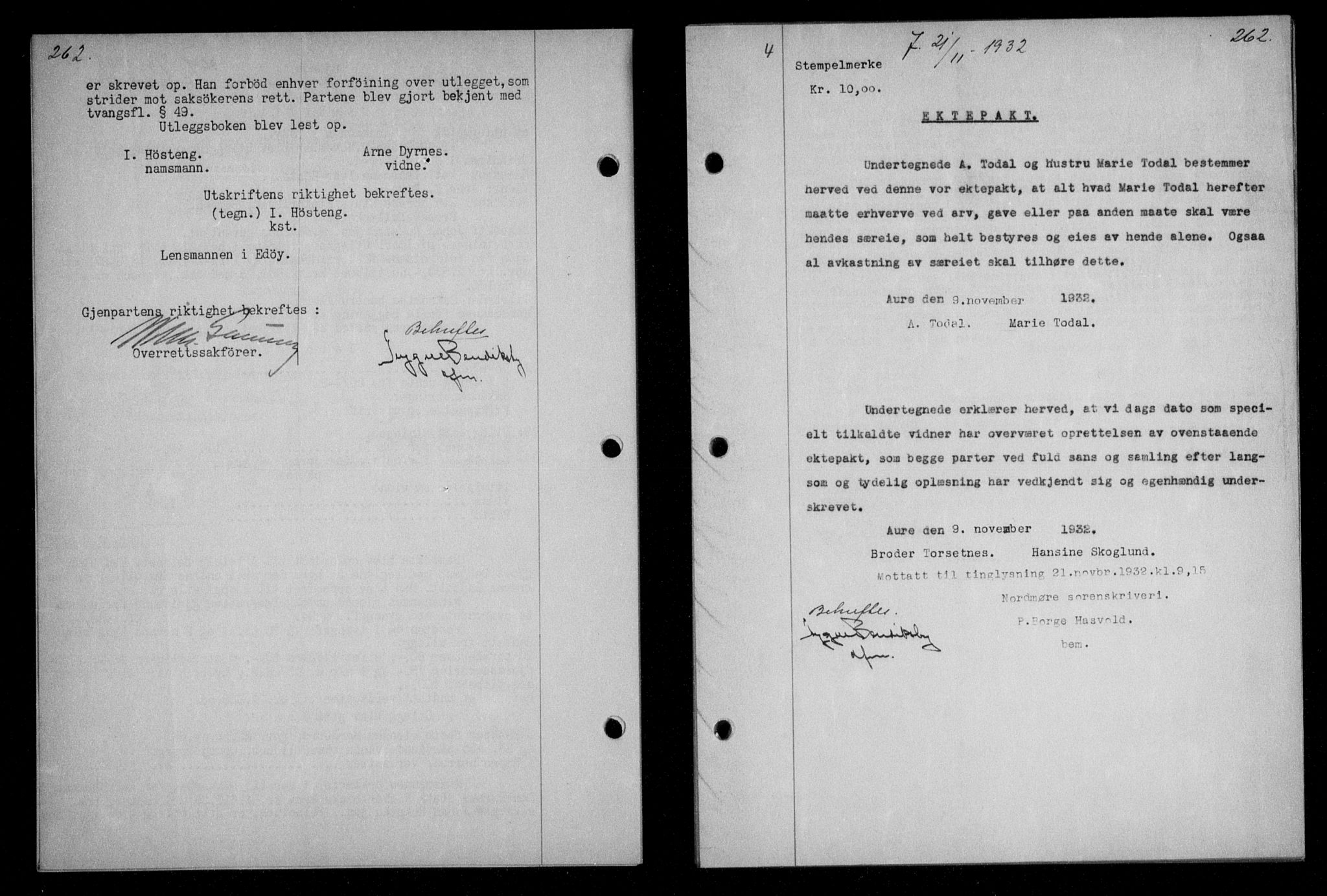 Nordmøre sorenskriveri, AV/SAT-A-4132/1/2/2Ca/L0076: Mortgage book no. 66, 1932-1933, Deed date: 21.11.1932