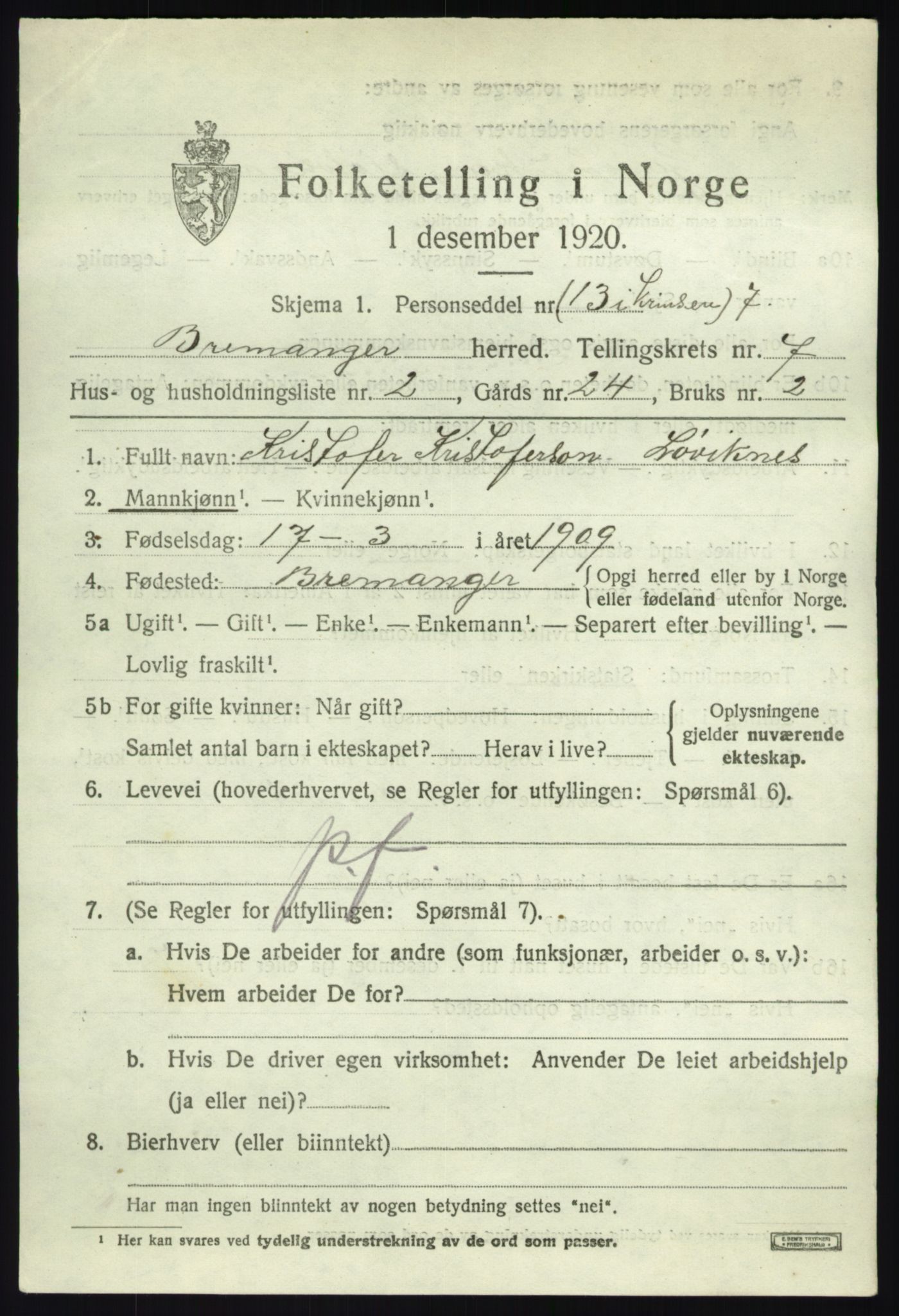 SAB, 1920 census for Bremanger, 1920, p. 4426