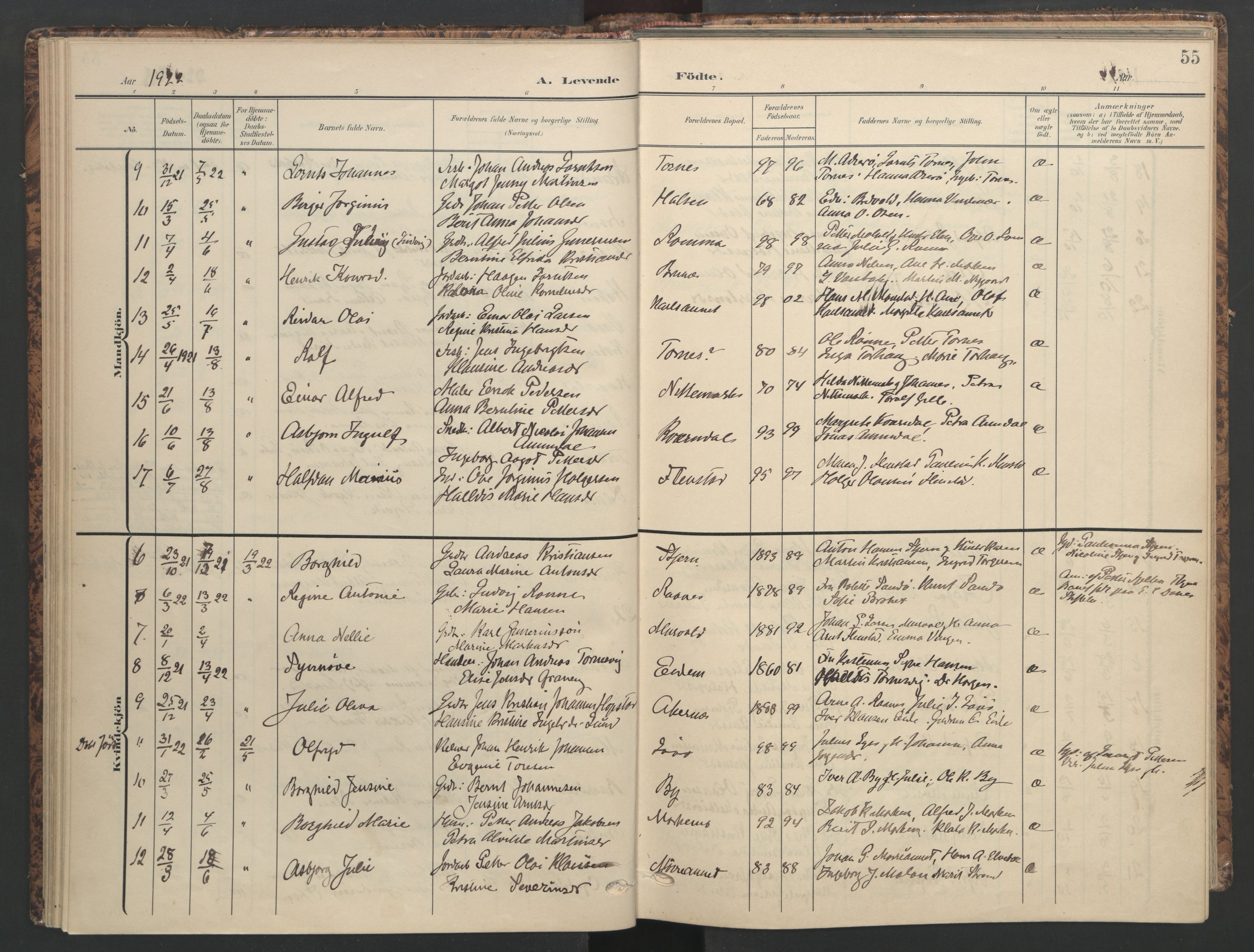 Ministerialprotokoller, klokkerbøker og fødselsregistre - Sør-Trøndelag, SAT/A-1456/655/L0682: Parish register (official) no. 655A11, 1908-1922, p. 55