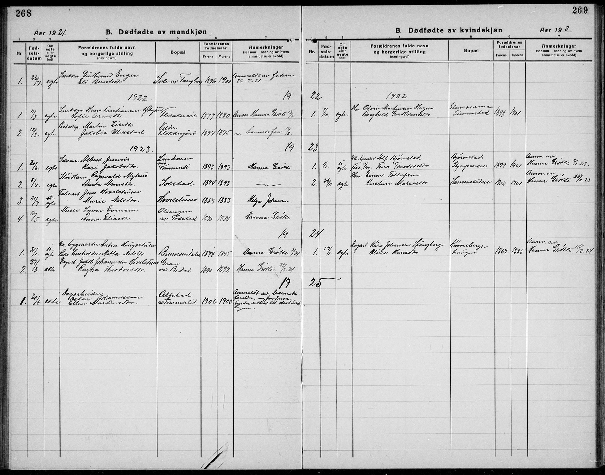 Veldre prestekontor, AV/SAH-PREST-018/L/La/L0001: Parish register (copy) no. 1, 1921-1934, p. 268-269