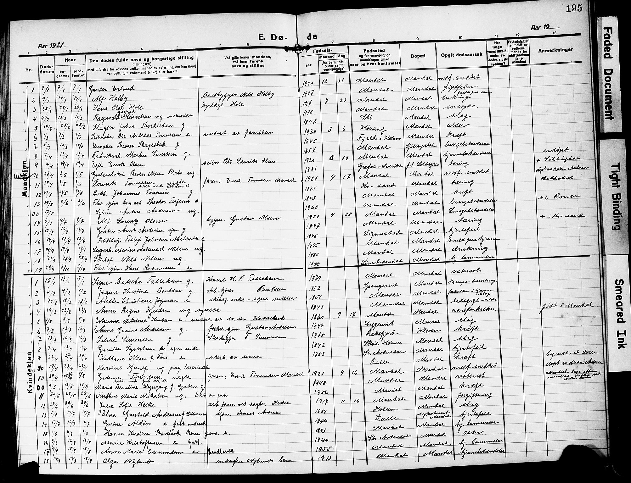 Mandal sokneprestkontor, AV/SAK-1111-0030/F/Fb/Fbc/L0001: Parish register (copy) no. B 1, 1918-1931, p. 195