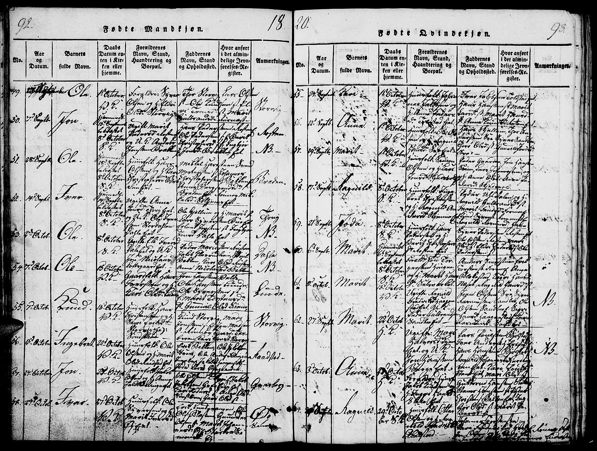 Vågå prestekontor, SAH/PREST-076/H/Ha/Haa/L0003: Parish register (official) no. 3, 1815-1827, p. 92-93