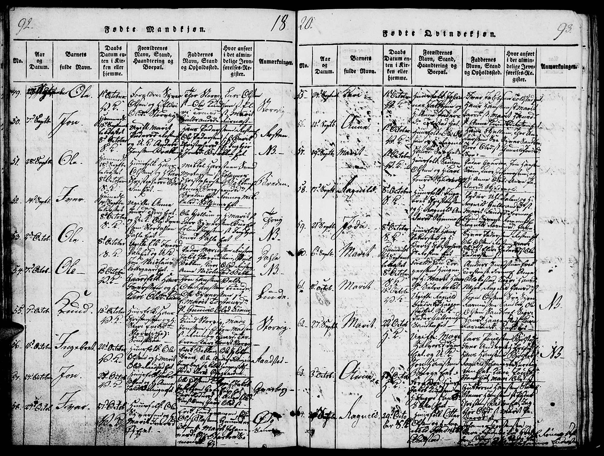 Vågå prestekontor, AV/SAH-PREST-076/H/Ha/Haa/L0003: Parish register (official) no. 3, 1815-1827, p. 92-93