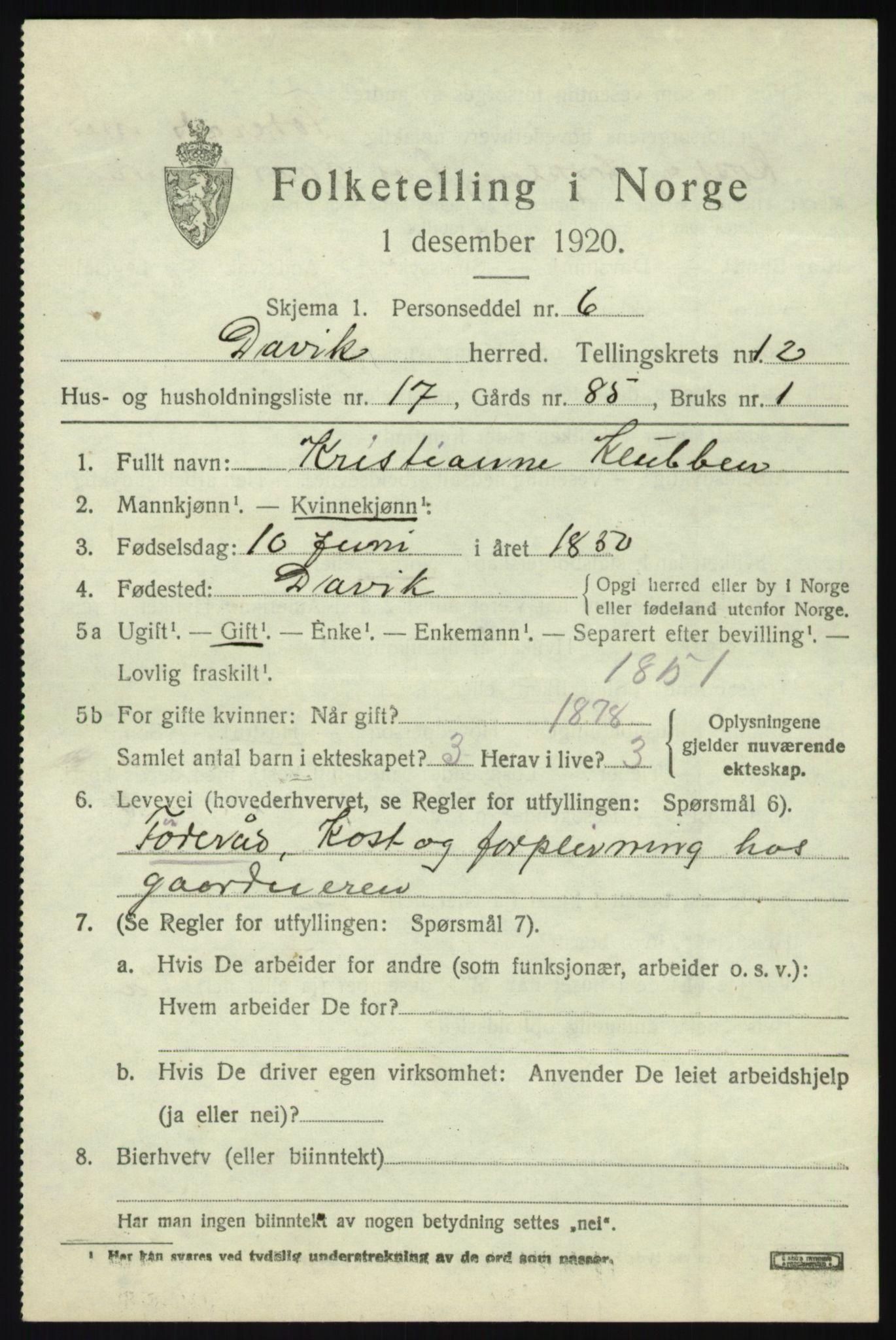 SAB, 1920 census for Davik, 1920, p. 6019