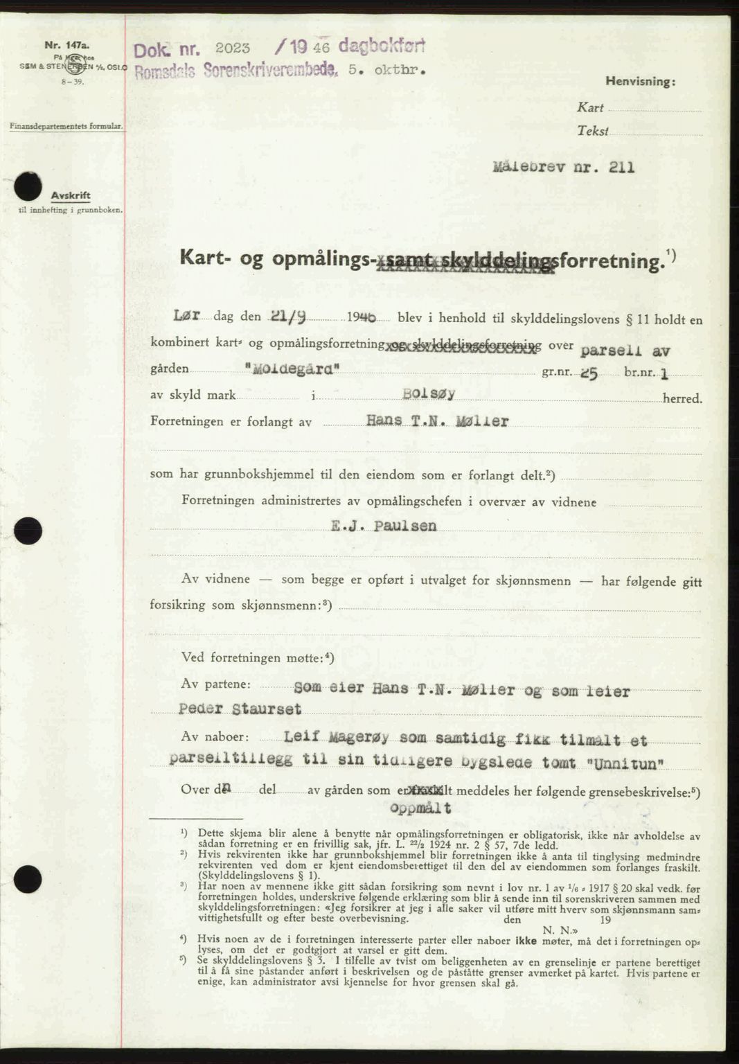 Romsdal sorenskriveri, AV/SAT-A-4149/1/2/2C: Mortgage book no. A21, 1946-1946, Diary no: : 2023/1946