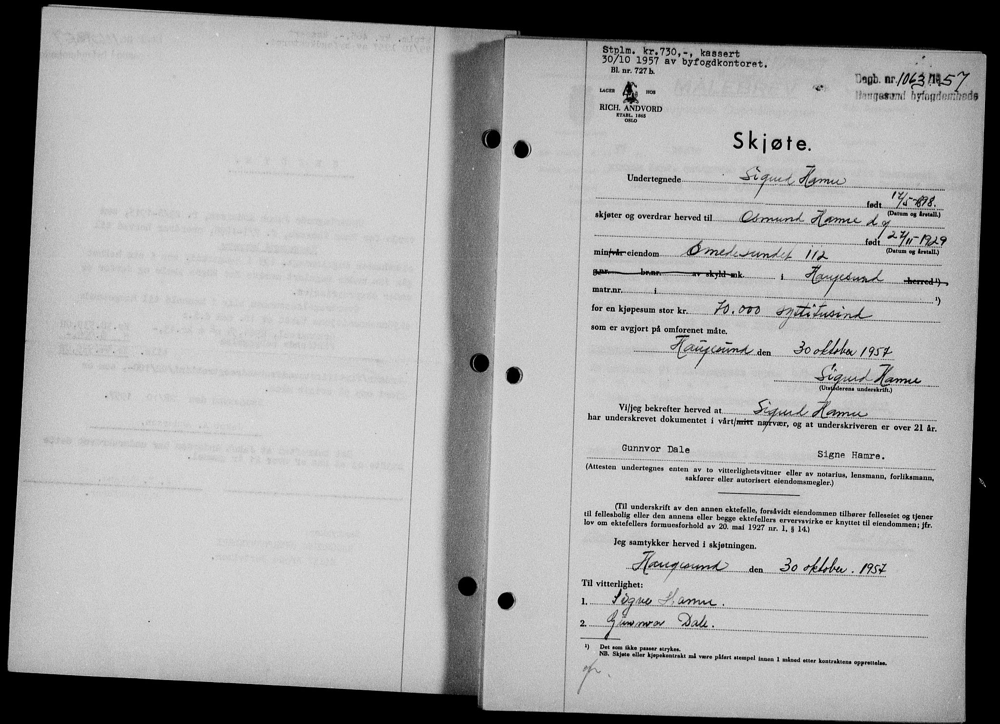 Haugesund tingrett, AV/SAST-A-101415/01/II/IIC/L0068: Mortgage book no. A 9, 1956-1958, Diary no: : 1063/1957