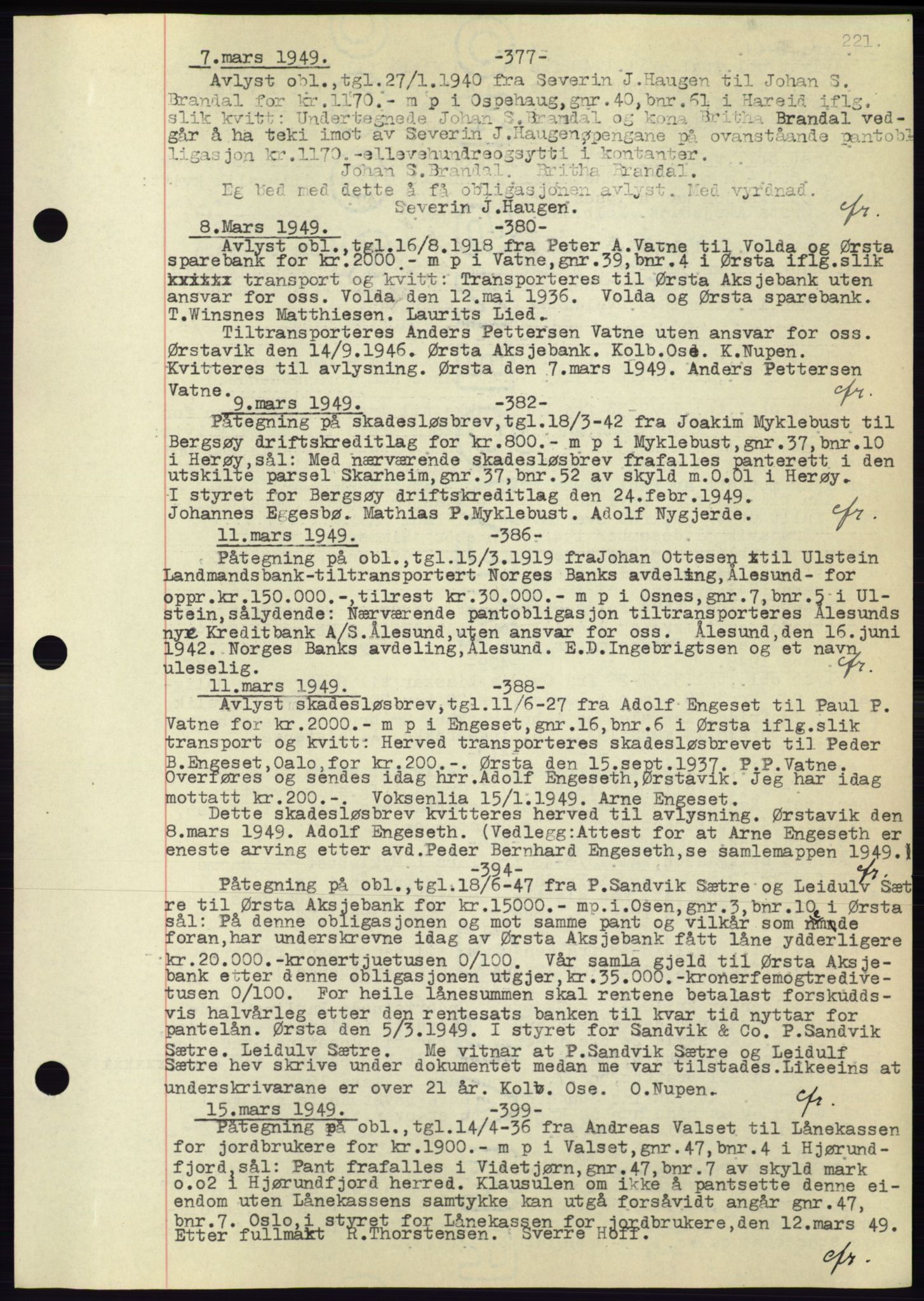 Søre Sunnmøre sorenskriveri, AV/SAT-A-4122/1/2/2C/L0072: Mortgage book no. 66, 1941-1955, Diary no: : 377/1949