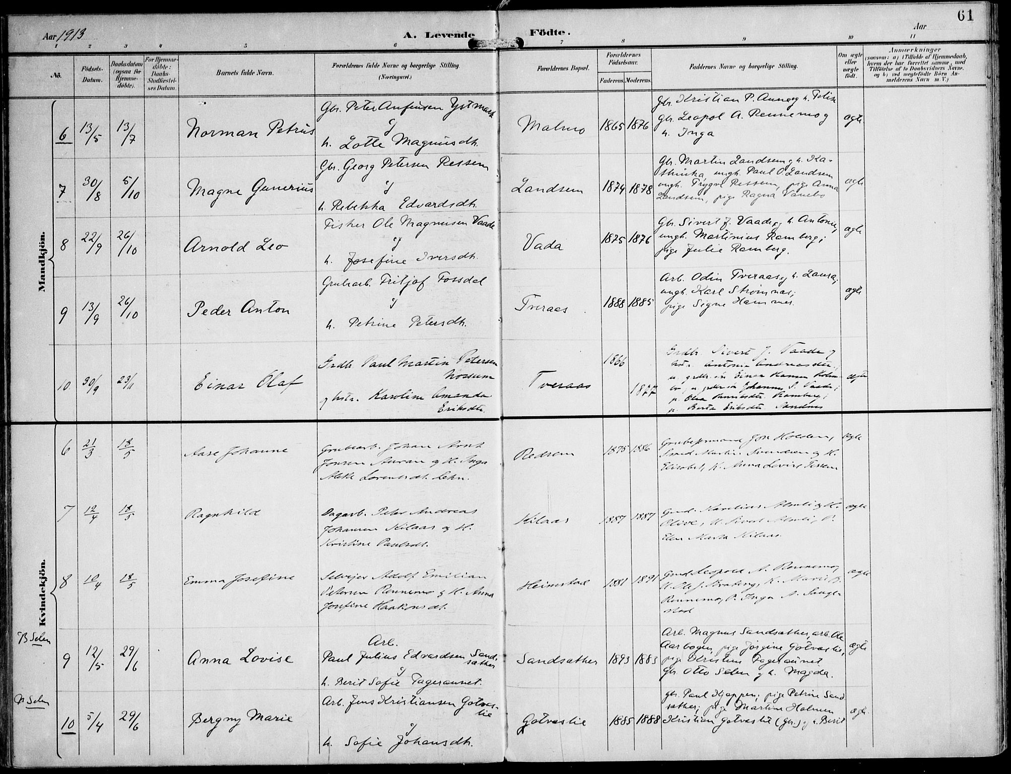 Ministerialprotokoller, klokkerbøker og fødselsregistre - Nord-Trøndelag, AV/SAT-A-1458/745/L0430: Parish register (official) no. 745A02, 1895-1913, p. 61