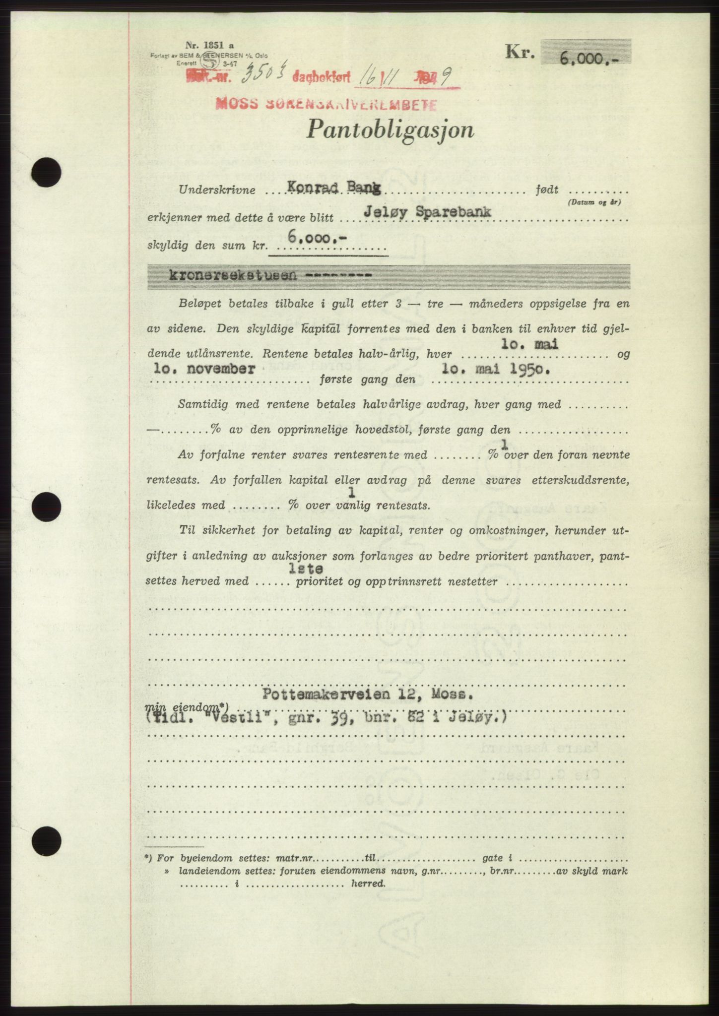 Moss sorenskriveri, SAO/A-10168: Mortgage book no. B23, 1949-1950, Diary no: : 3503/1949