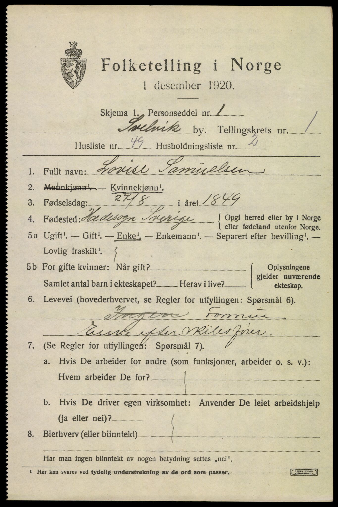 SAKO, 1920 census for Svelvik, 1920, p. 1703
