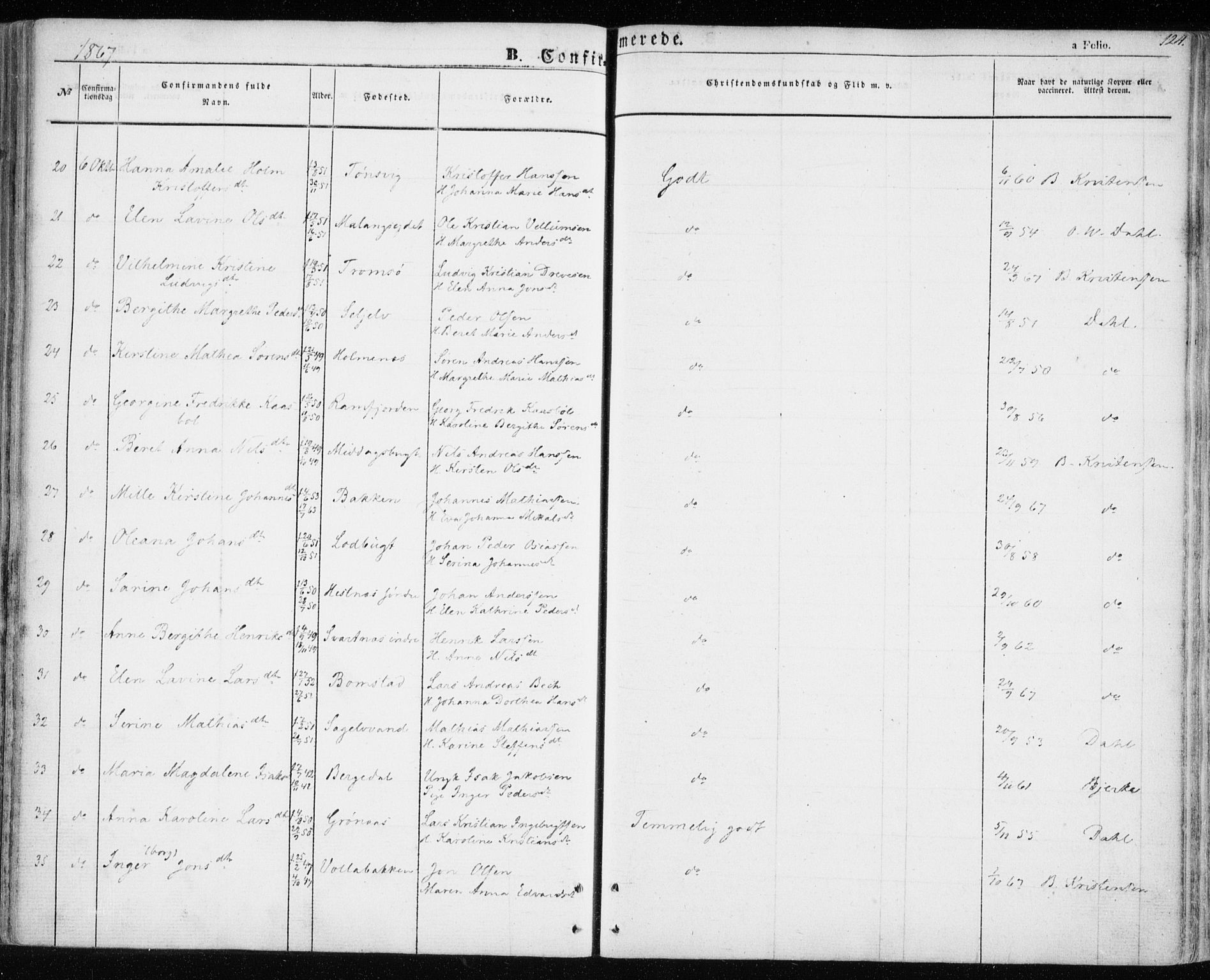 Balsfjord sokneprestembete, SATØ/S-1303/G/Ga/L0003kirke: Parish register (official) no. 3, 1856-1870, p. 124