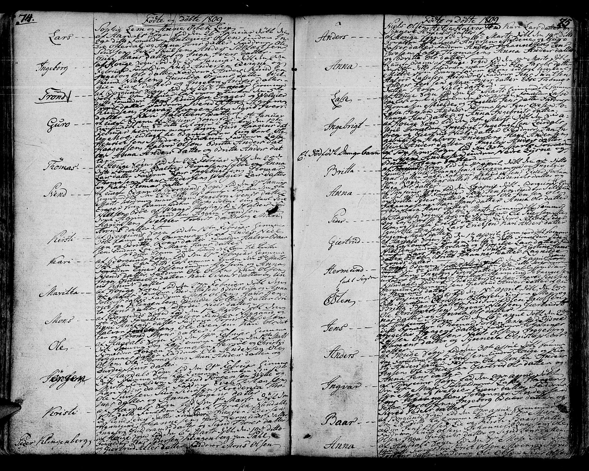 Lærdal sokneprestembete, SAB/A-81201: Parish register (official) no. A 4, 1805-1821, p. 74-75