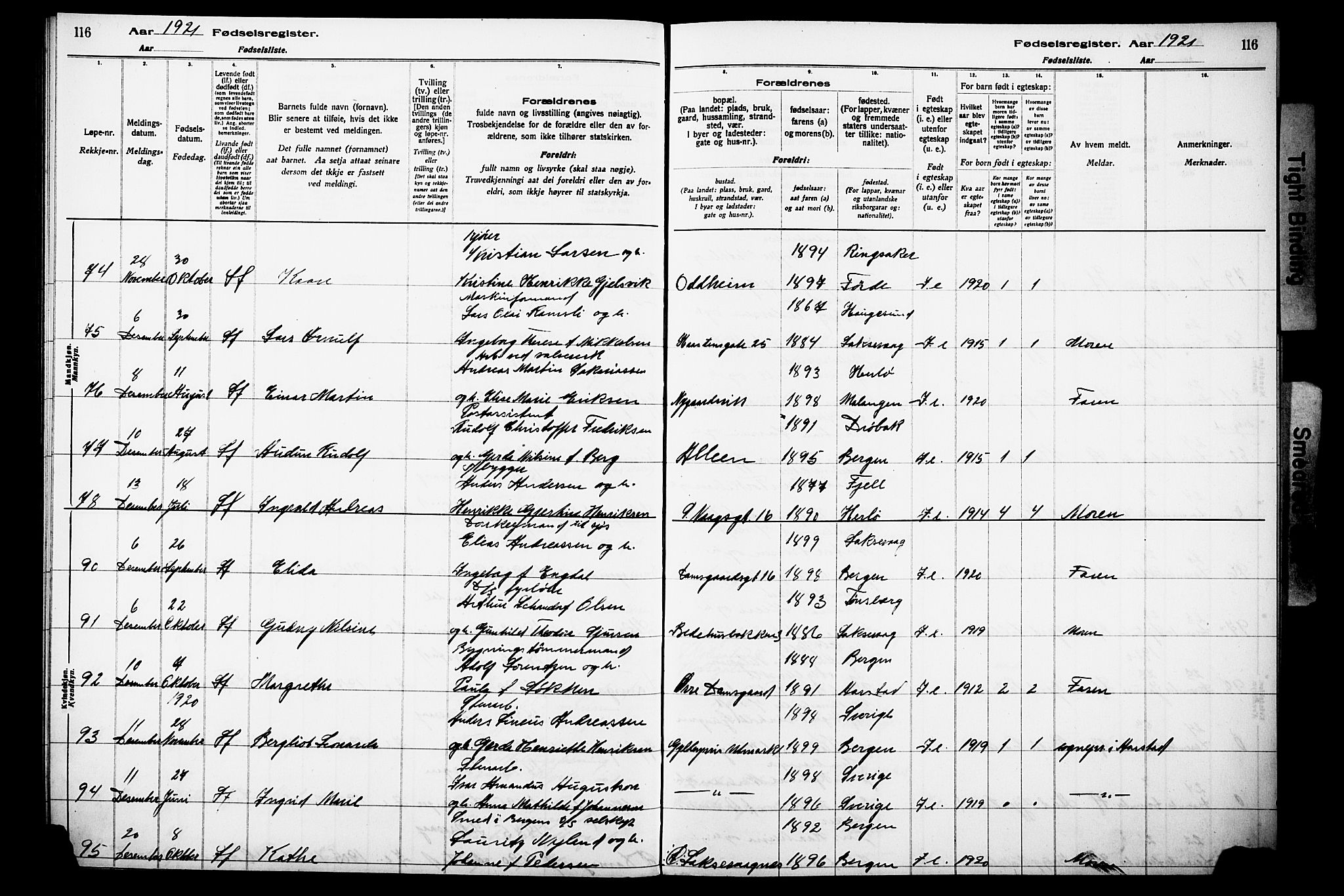 Laksevåg Sokneprestembete, AV/SAB-A-76501/I/Id/L00A1: Birth register no. A 1, 1916-1926, p. 116