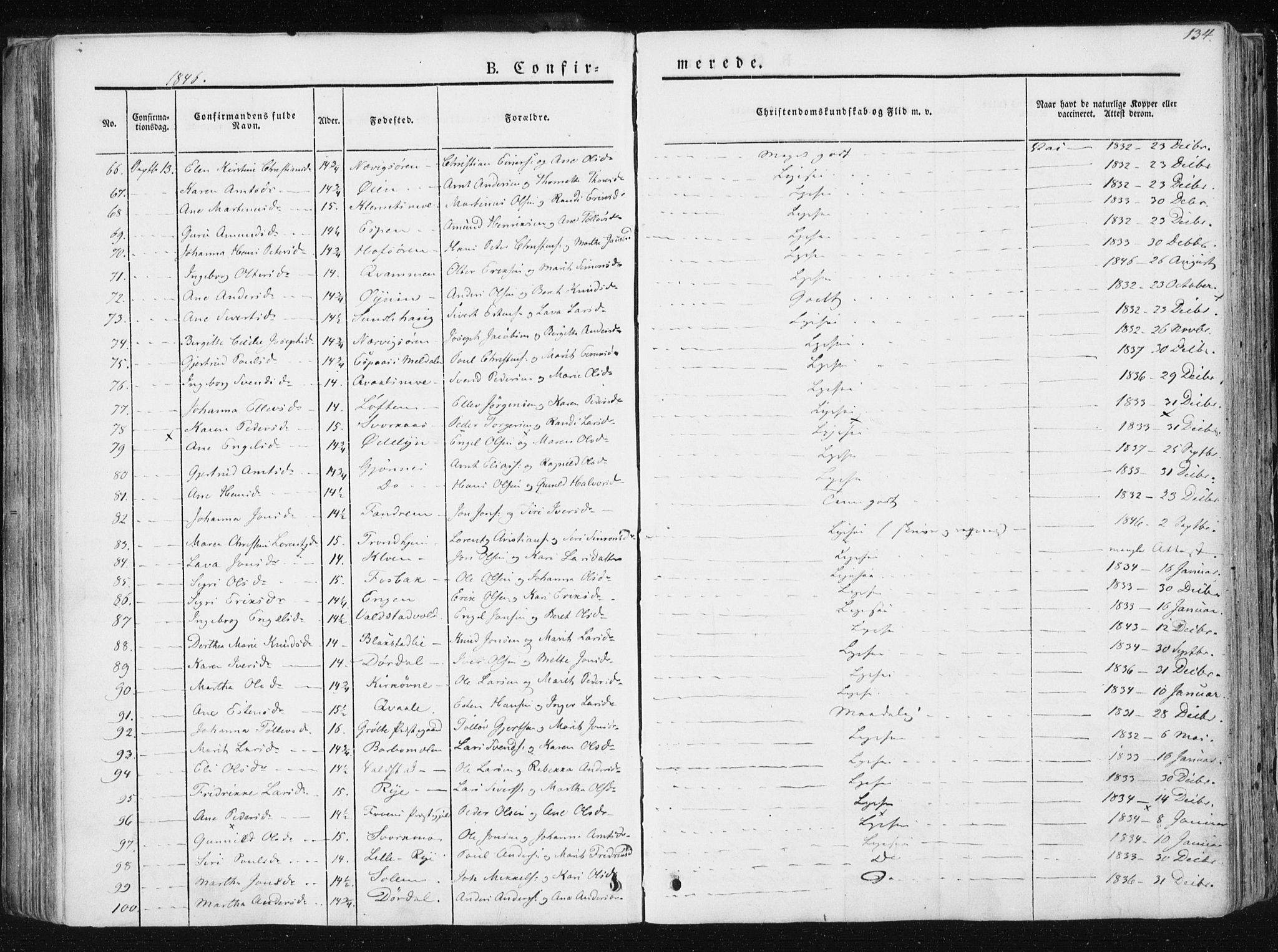Ministerialprotokoller, klokkerbøker og fødselsregistre - Sør-Trøndelag, SAT/A-1456/668/L0805: Parish register (official) no. 668A05, 1840-1853, p. 134