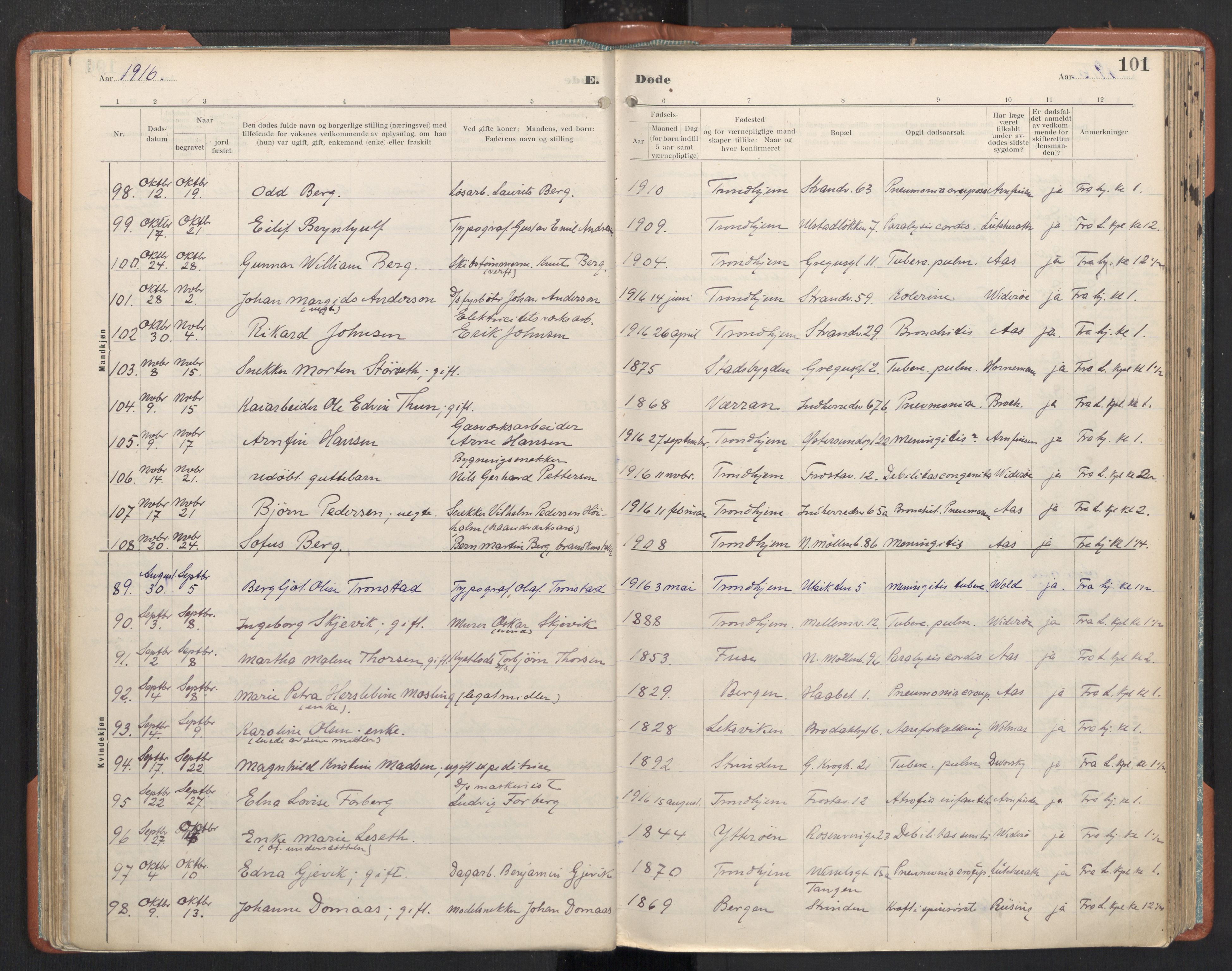 Ministerialprotokoller, klokkerbøker og fødselsregistre - Sør-Trøndelag, SAT/A-1456/605/L0245: Parish register (official) no. 605A07, 1916-1938, p. 101